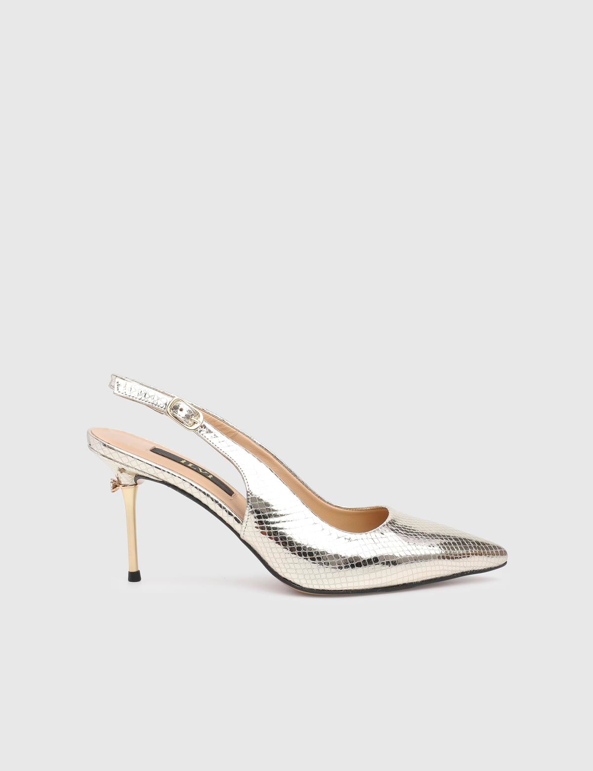 Panya Gold Leather Women's Heeled Sandal with Snake Print