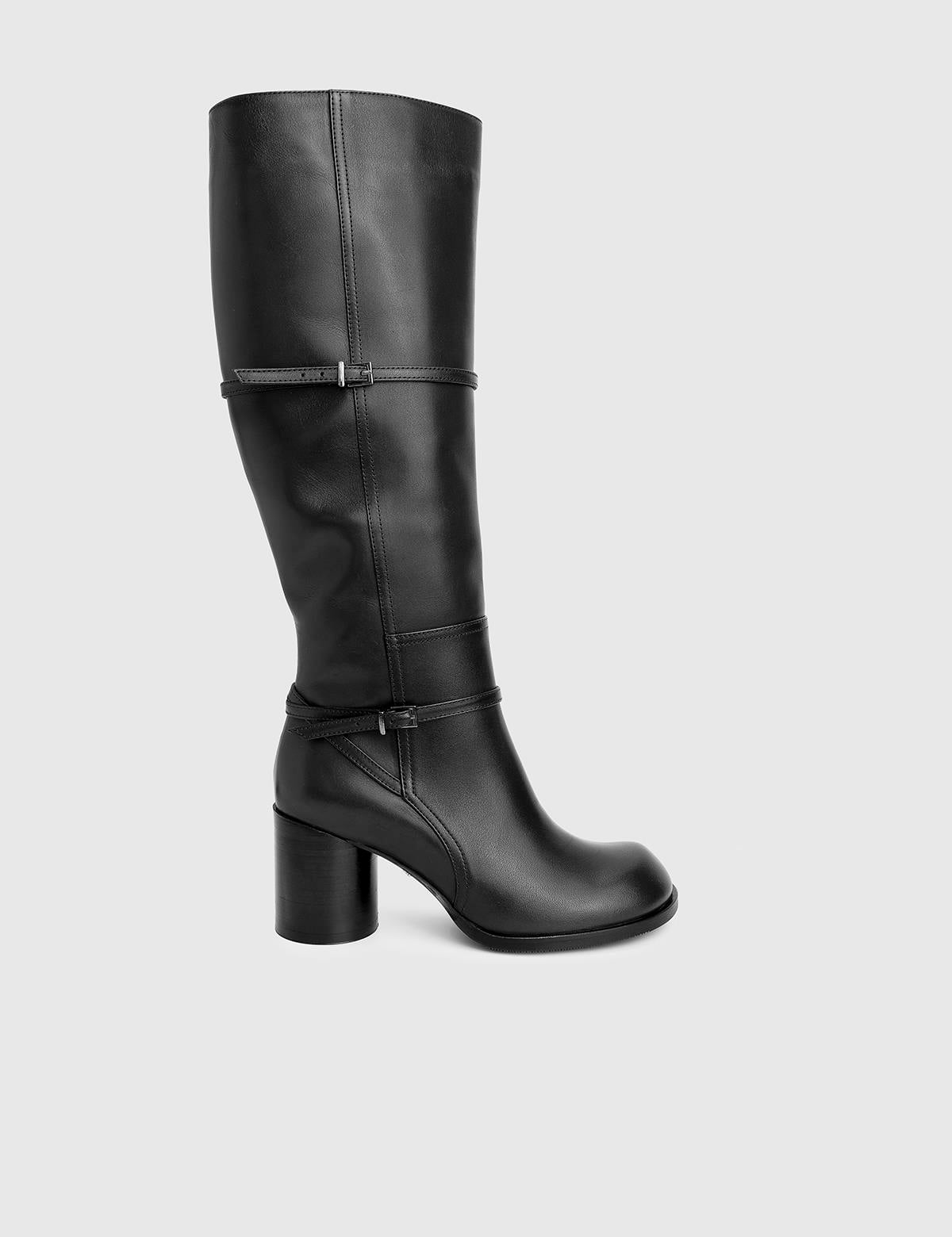 Perite Black Leather Women's Heeled High Boot