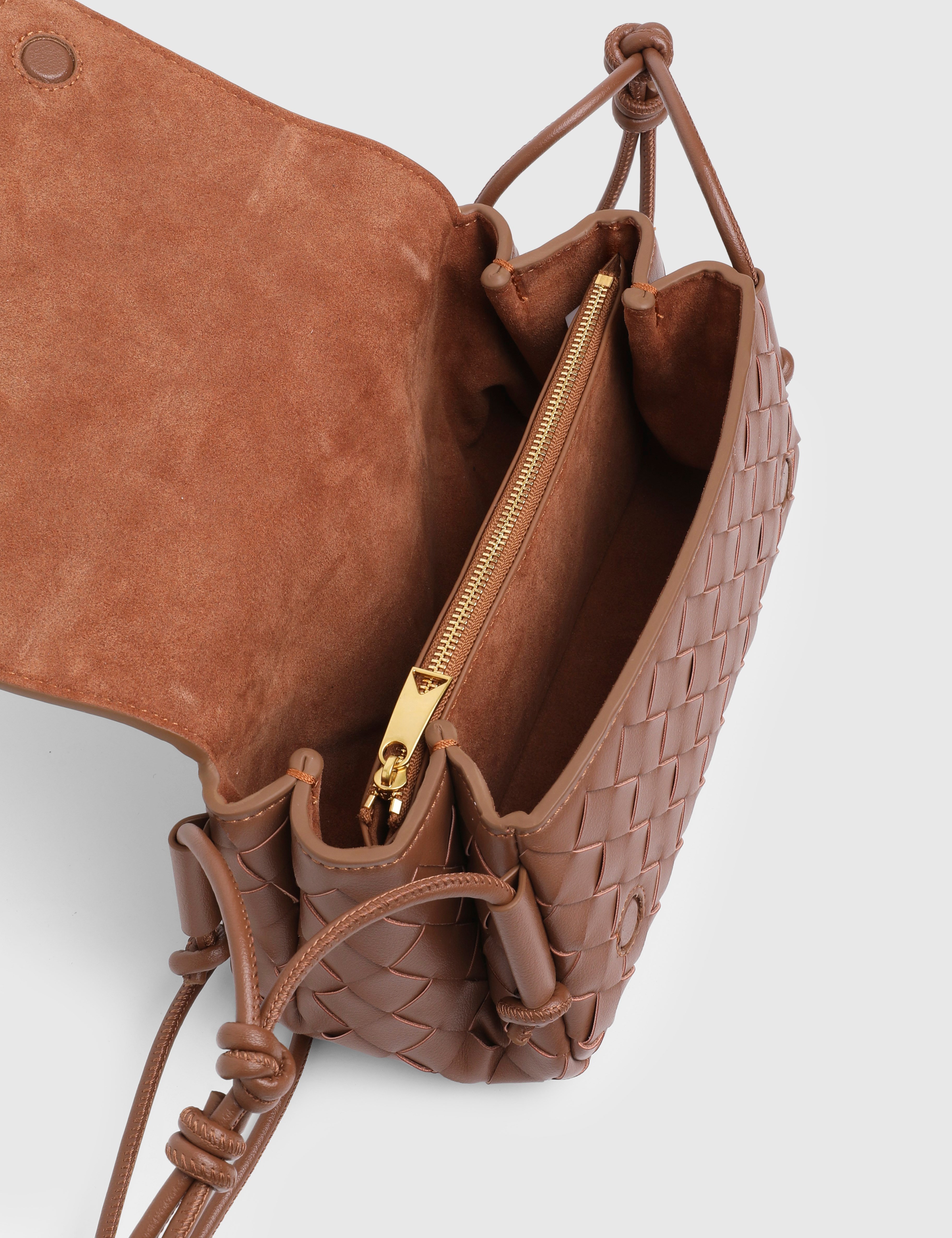 Revina Saddle Brown Woven Leather Women's Shoulder Bag