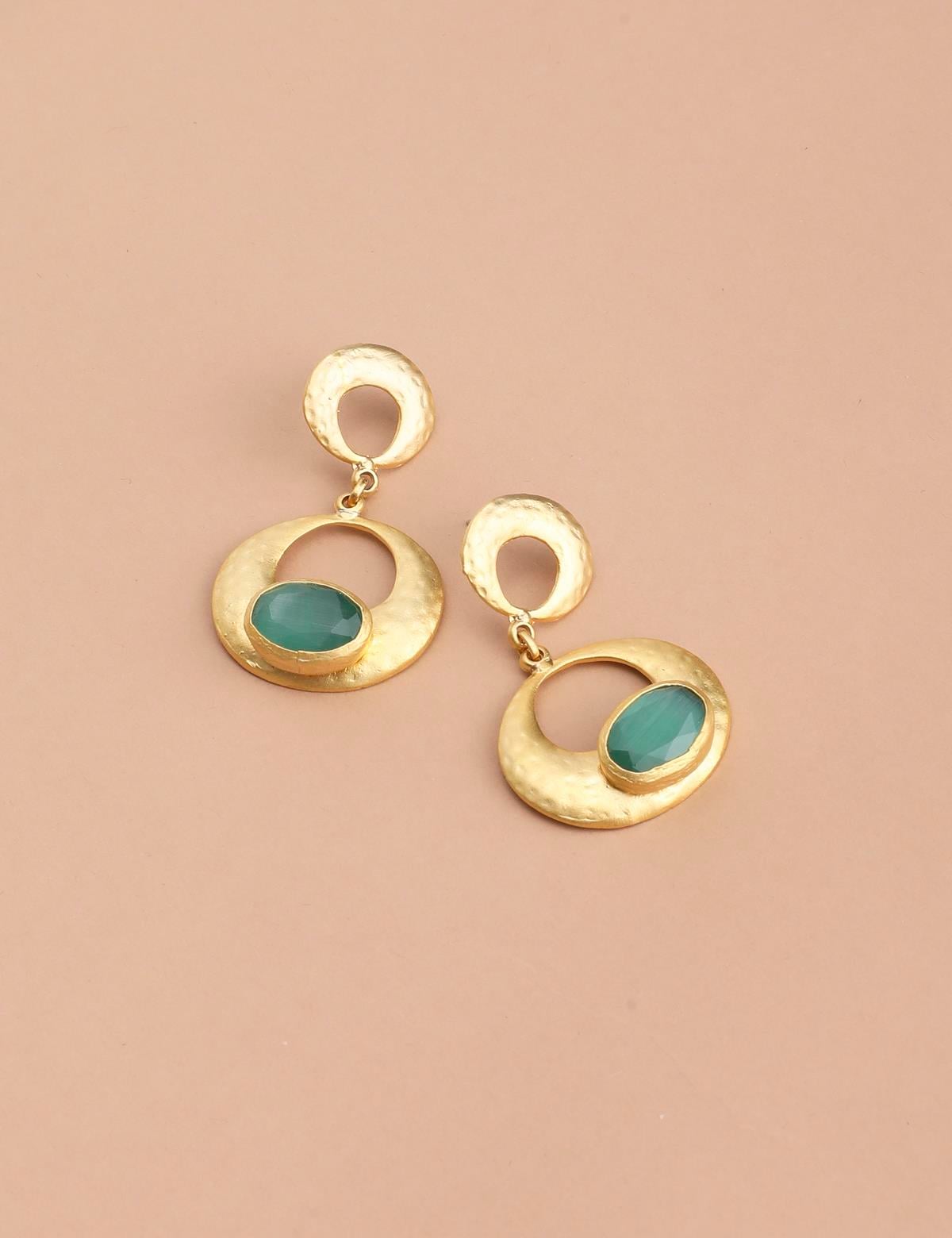 Risina Gold Women's Earrings with Green Stones