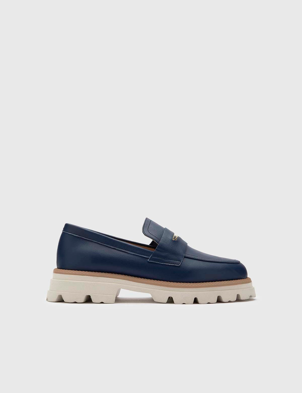 Seremban Navy Blue Leather Women's Loafer - İLVİ