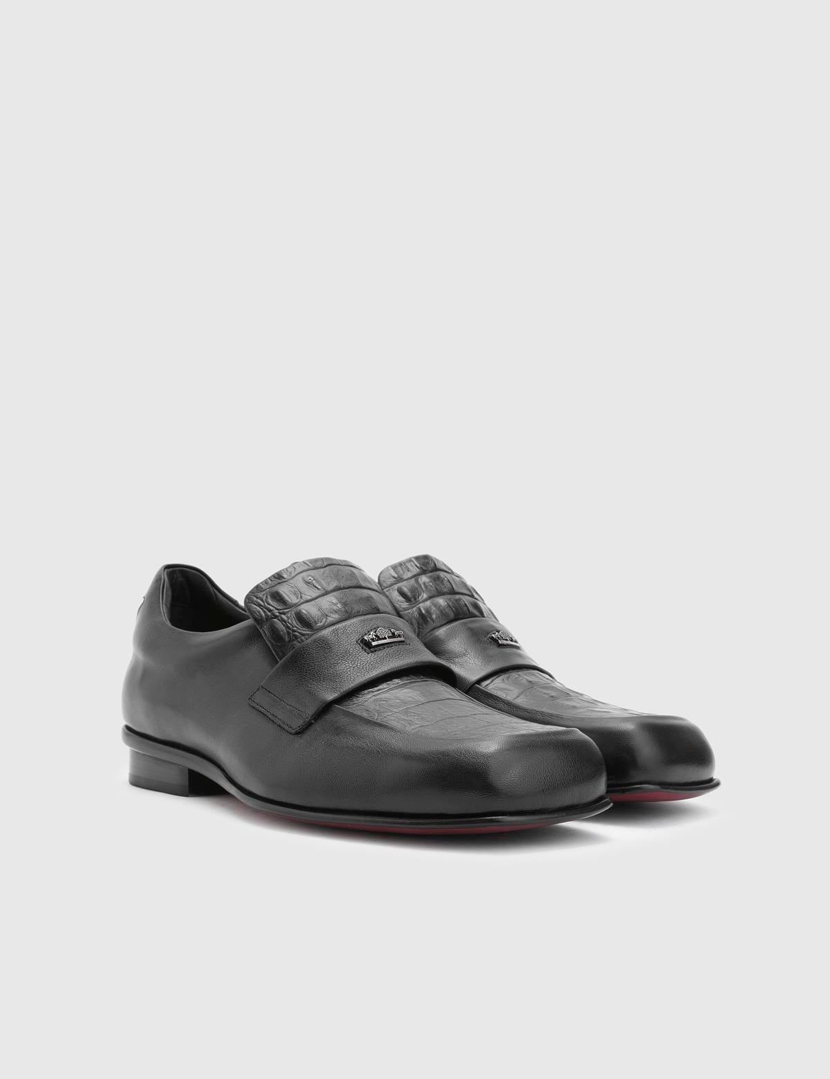 Yuki Black Leather Men's Loafer with Crocodile Print