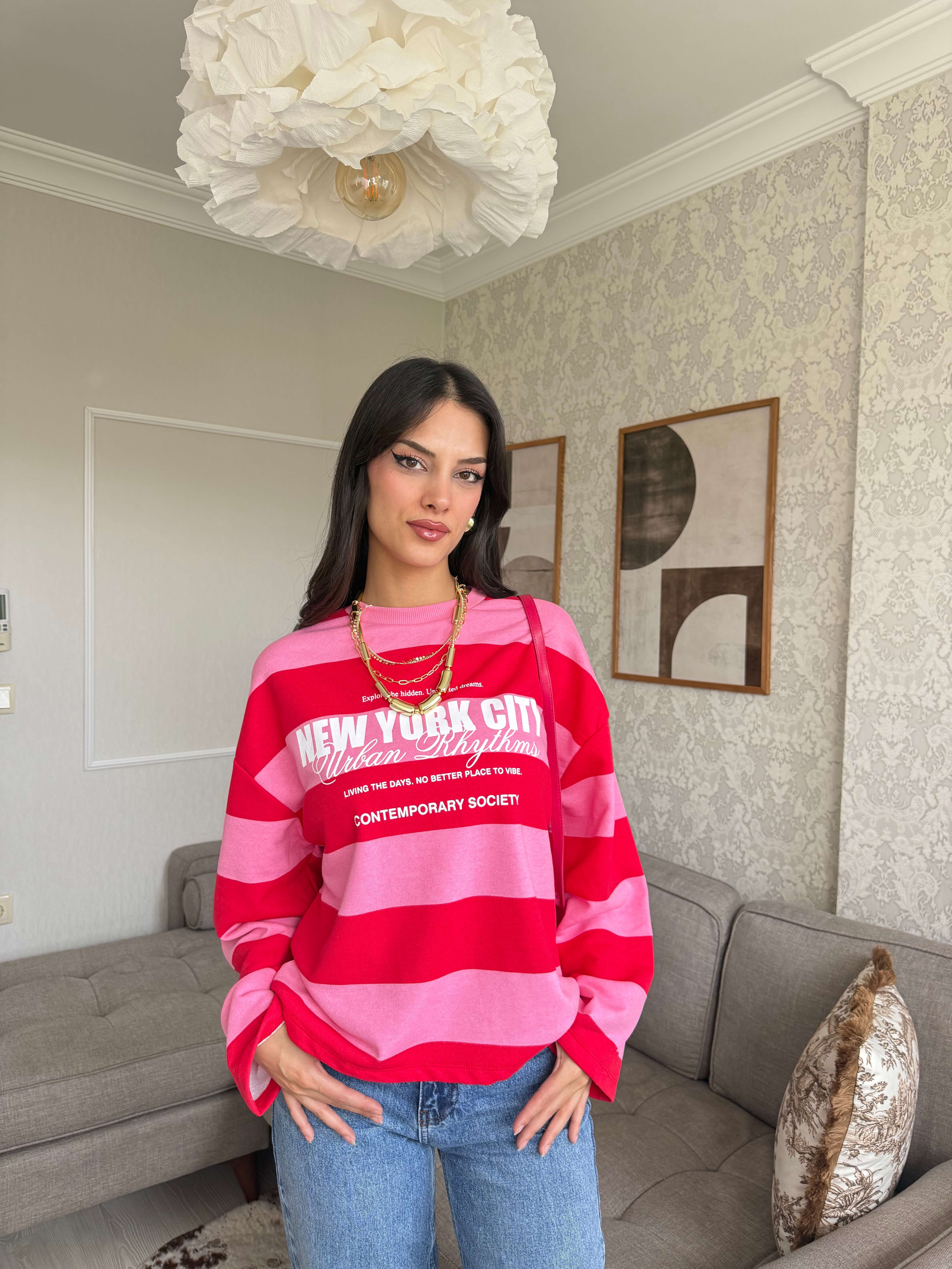 ÇİZGİLİ SWEATSHİRT PEMBE-KIRMIZI