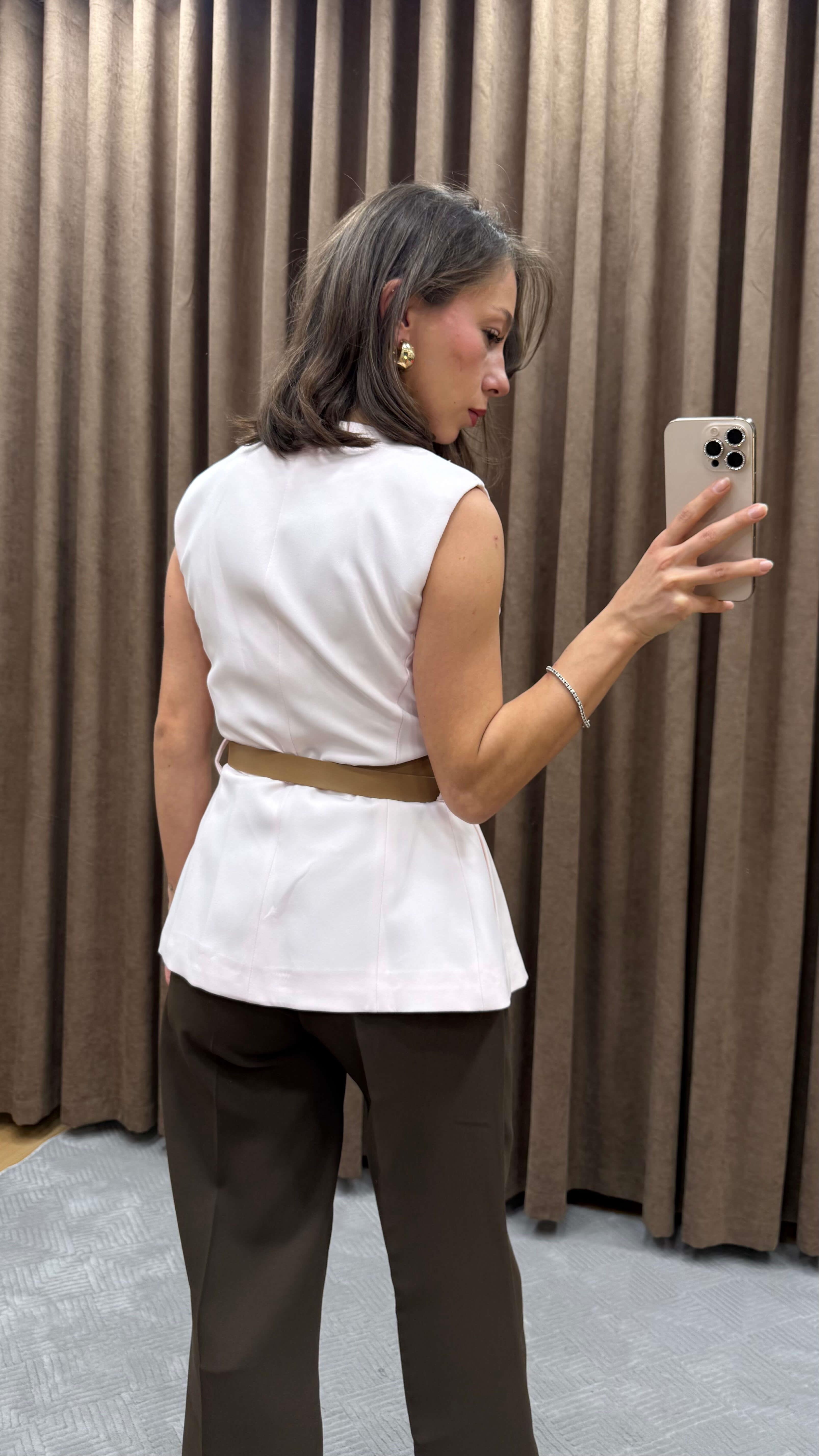 GOLD DETAY KEMERLİ YELEK-TOZ PEMBE