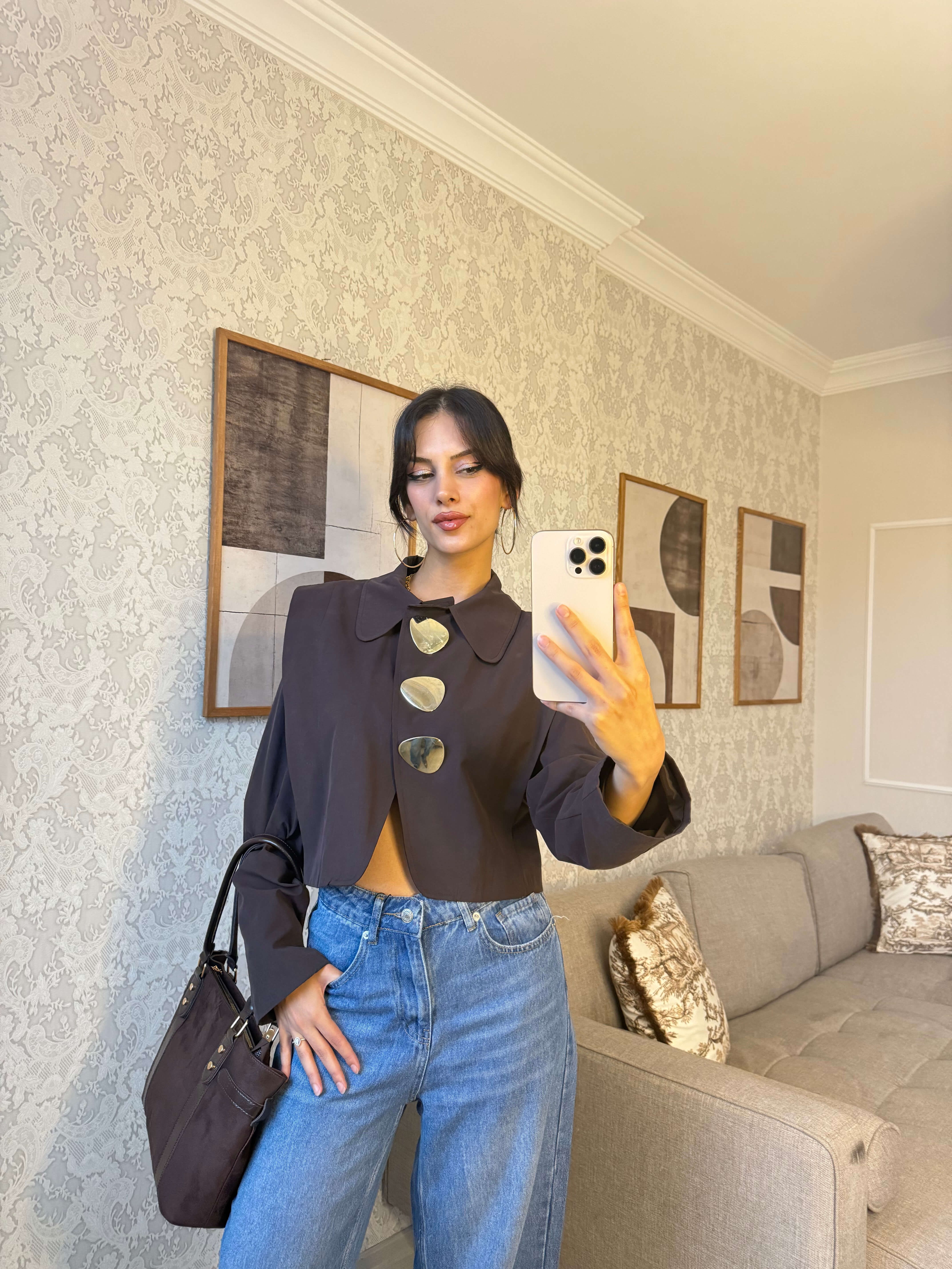 GOLD DÜĞMELİ CROP CEKET-KAHVE