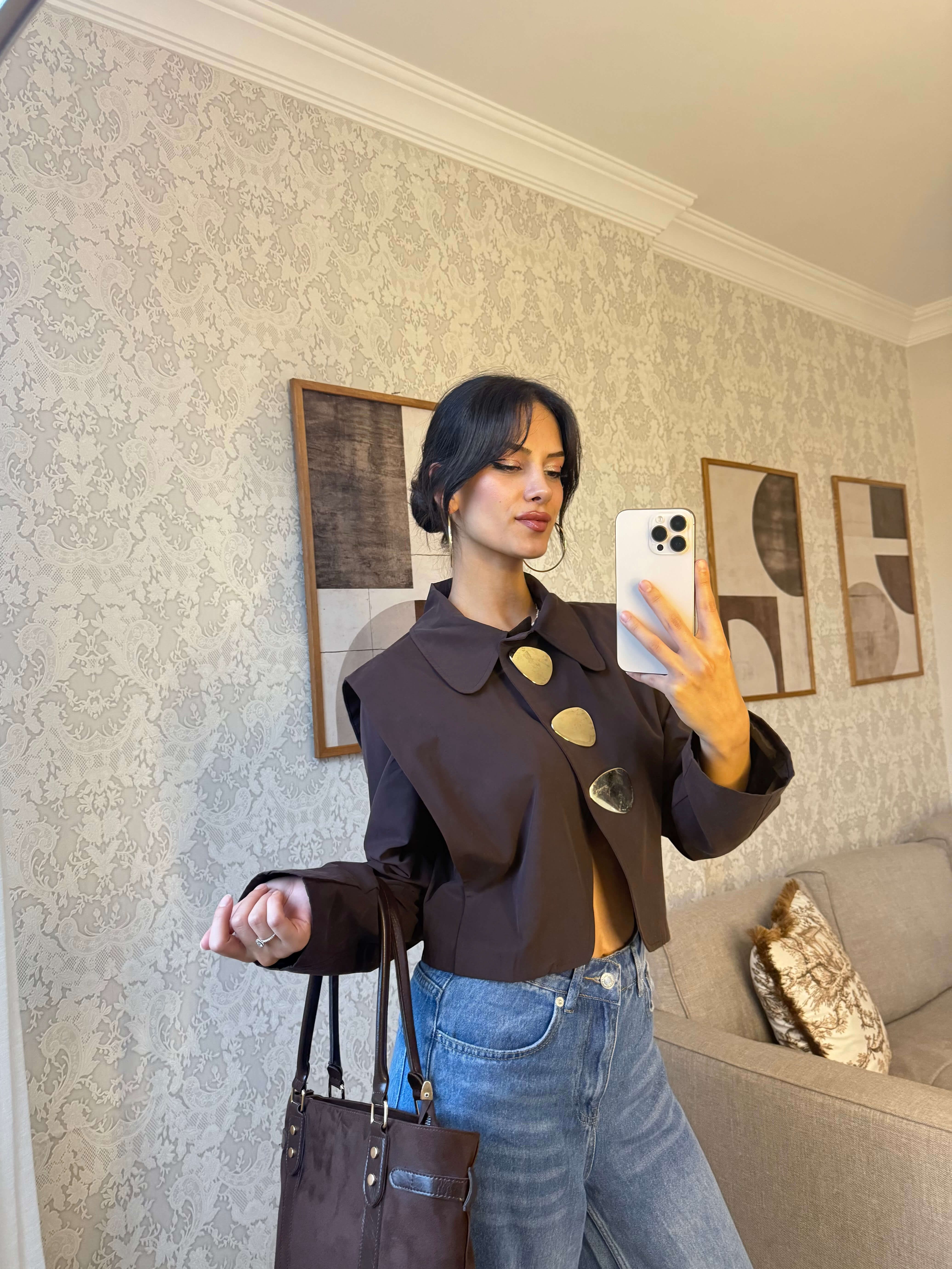 GOLD DÜĞMELİ CROP CEKET-KAHVE