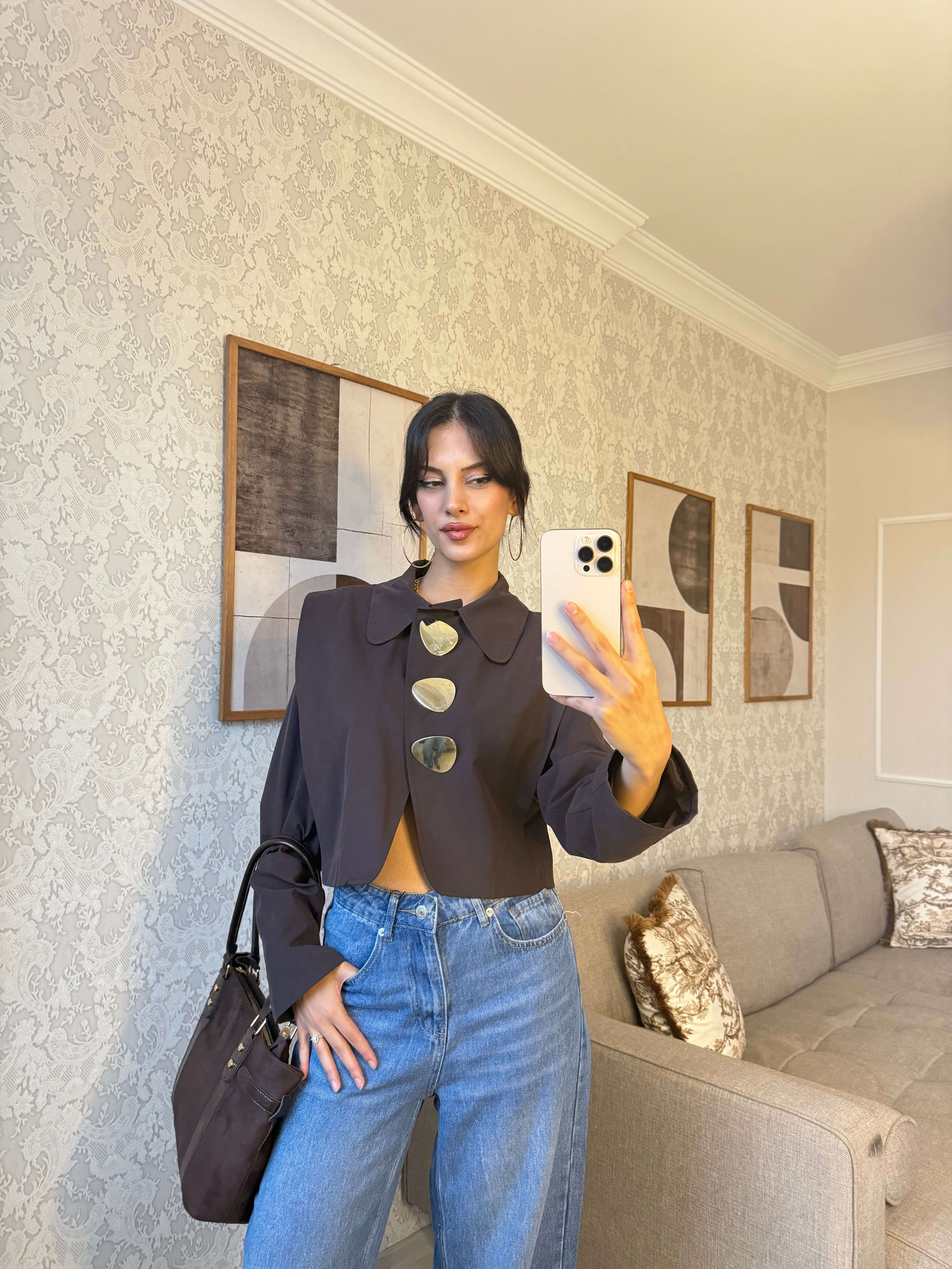 GOLD DÜĞMELİ CROP CEKET-KAHVE