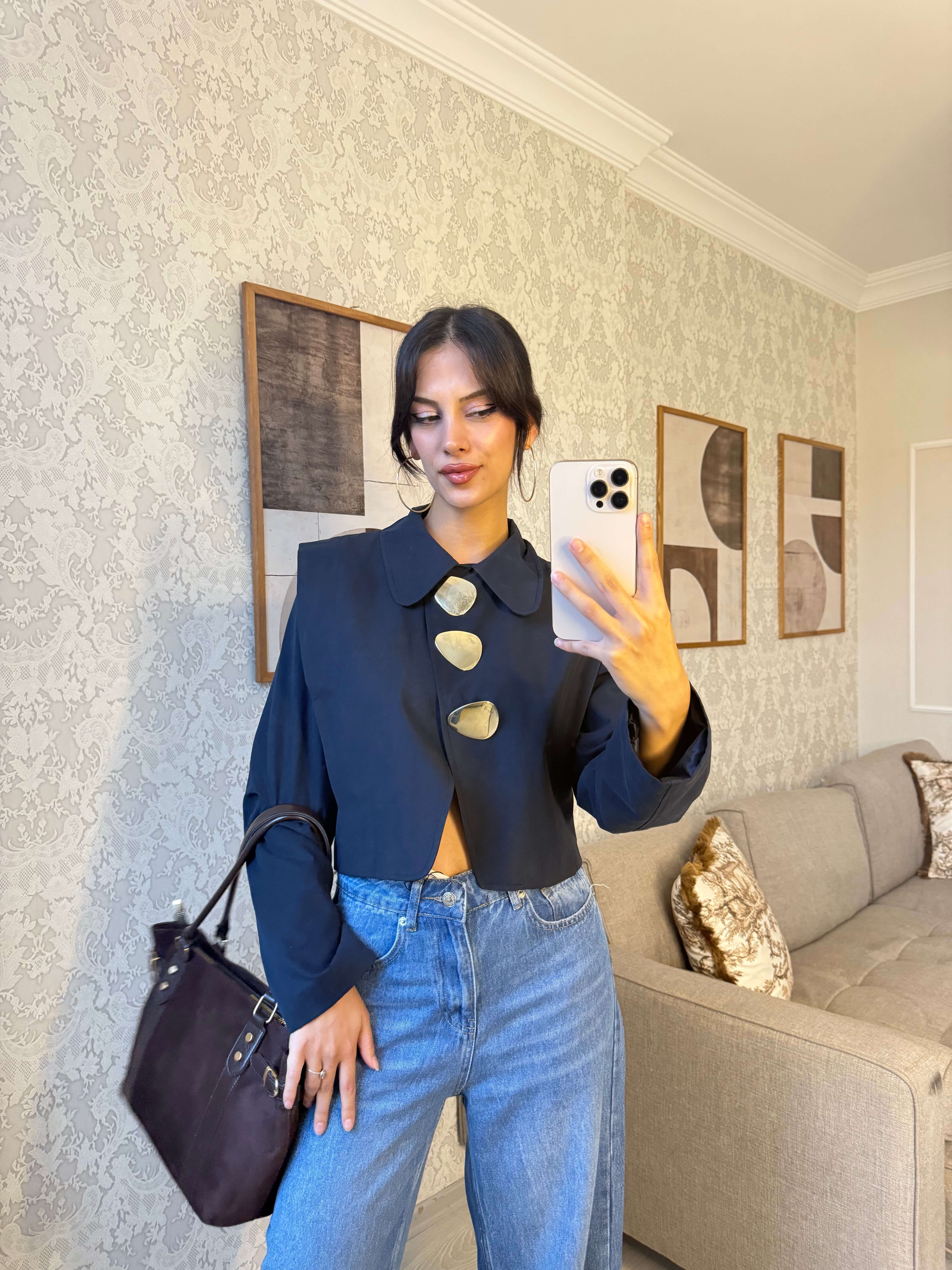 GOLD DÜĞMELİ CROP CEKET-LACİVERT
