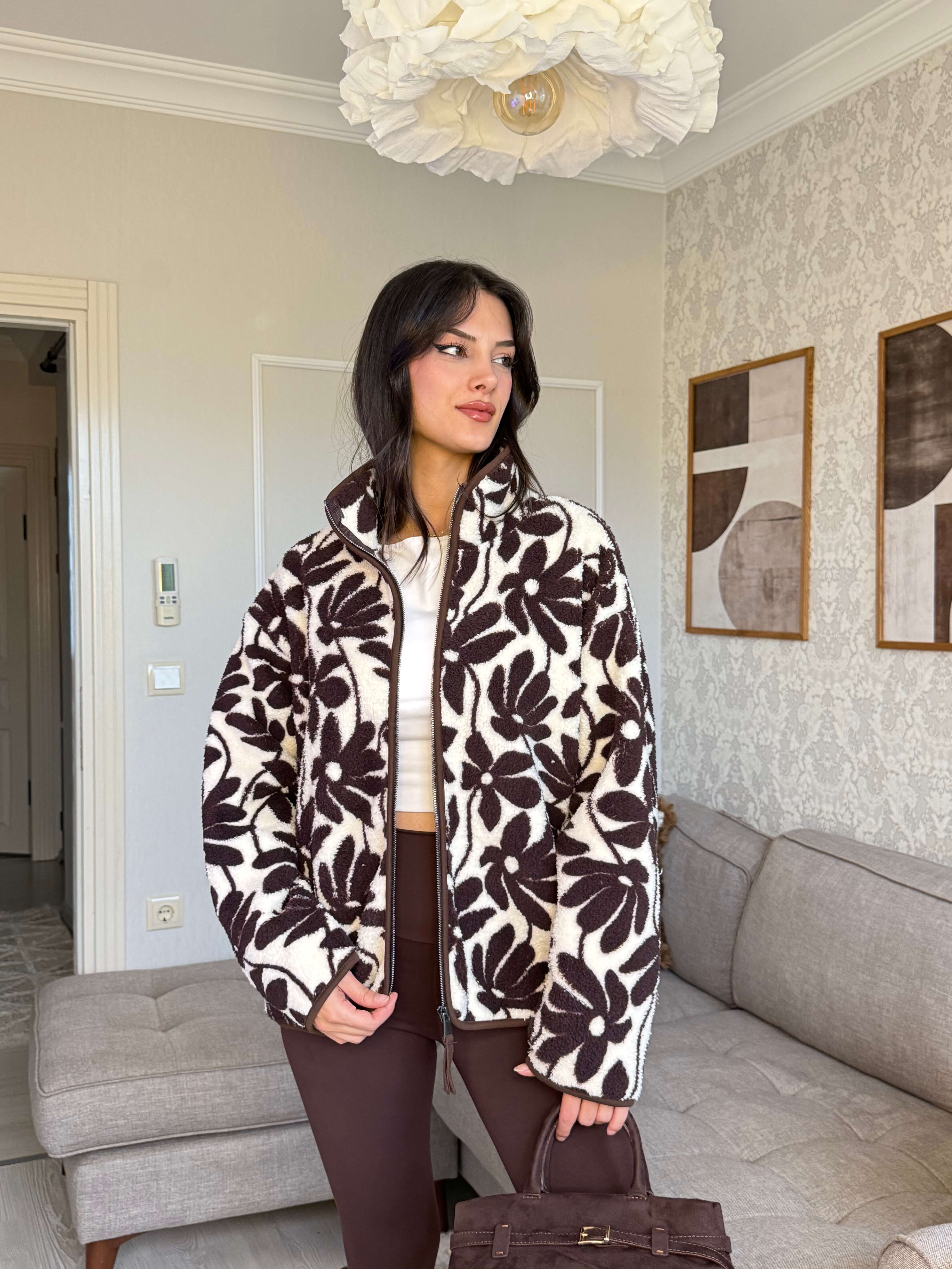 KAHVE ÇİÇEK DESENLİ POLAR HIRKA