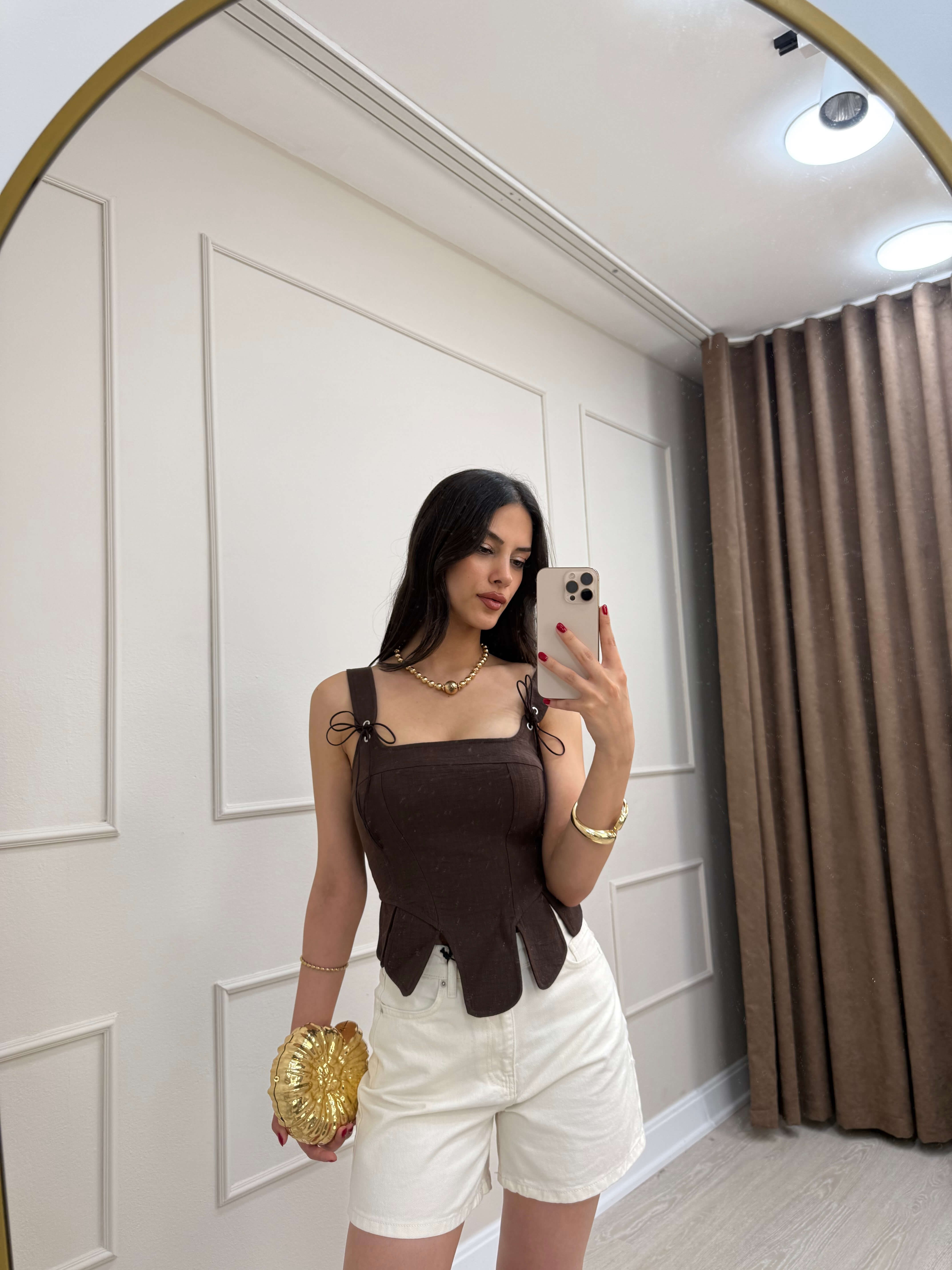 KAHVERENGİ KETEN KORSE BLUZ