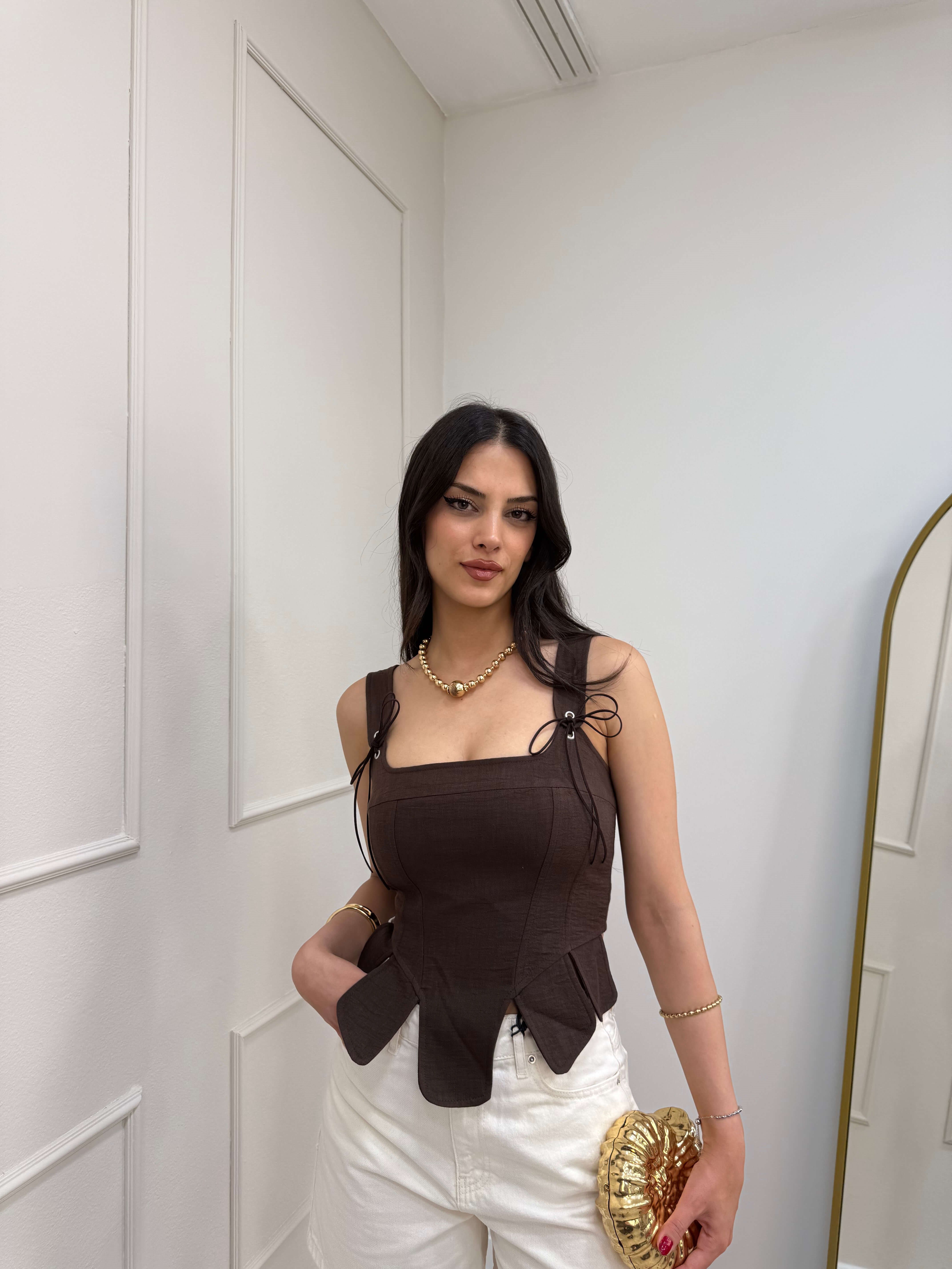 KAHVERENGİ KETEN KORSE BLUZ