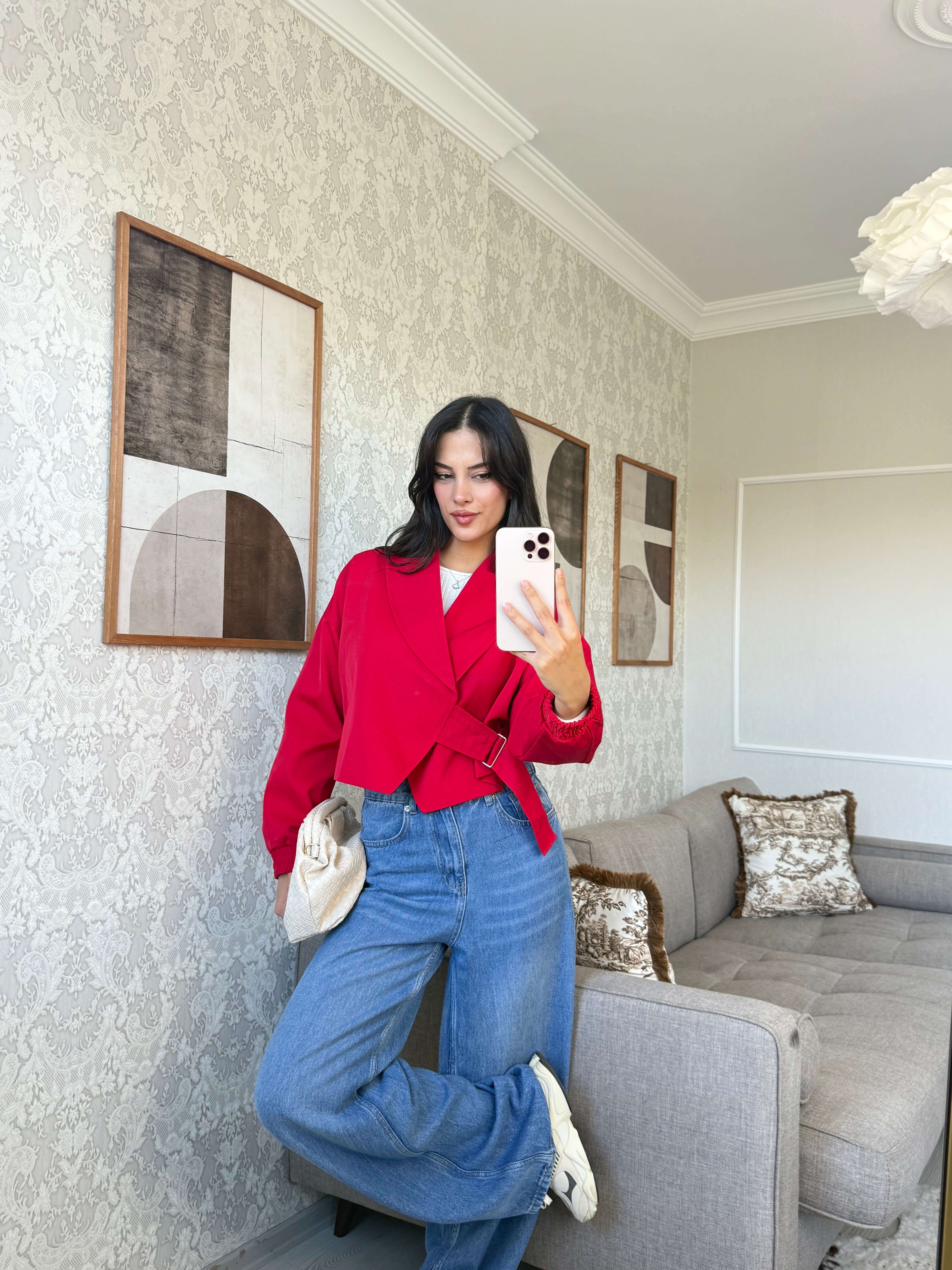 KIRMIZI KEMERLİ CROP  CEKET