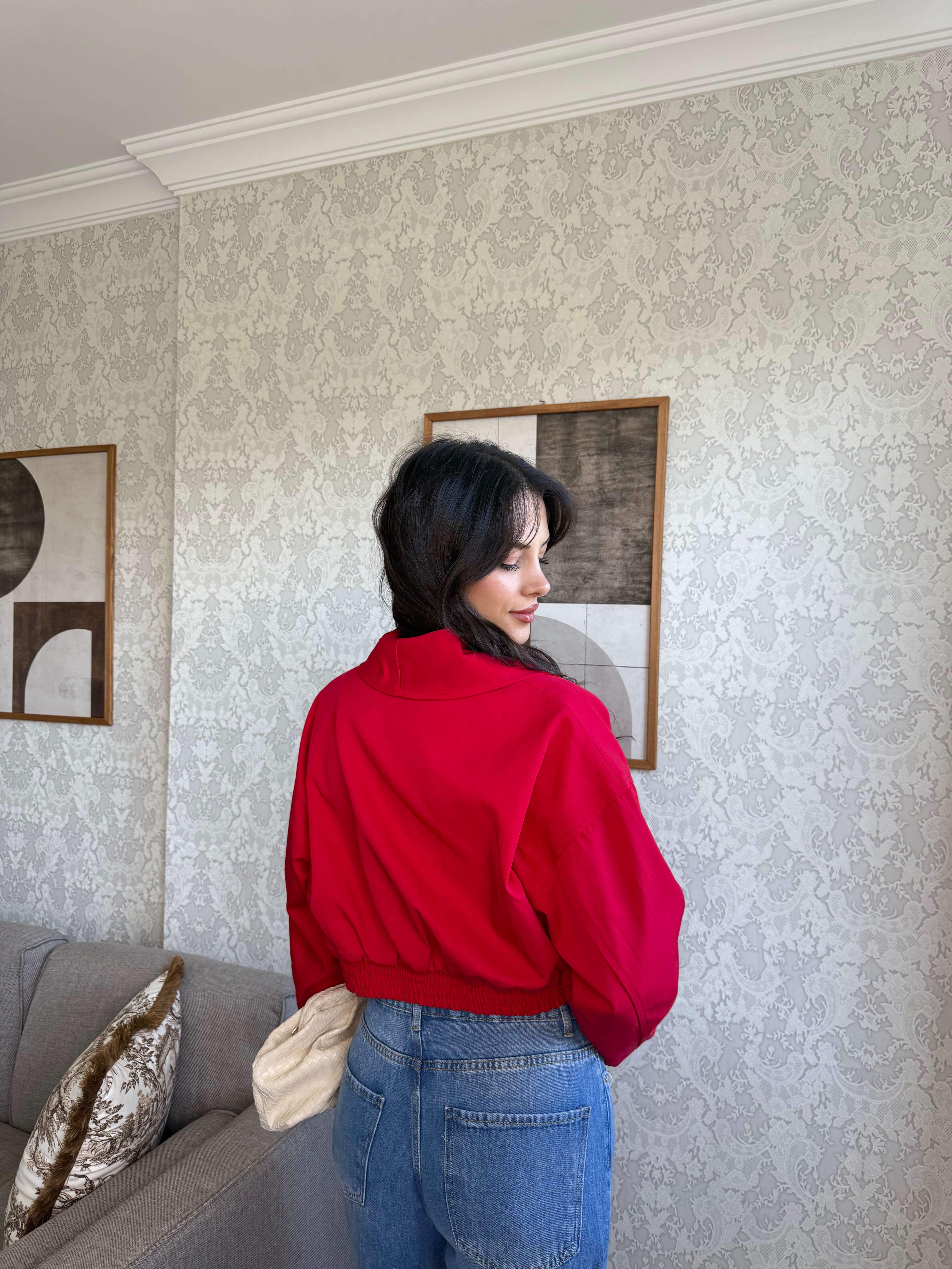 KIRMIZI KEMERLİ CROP  CEKET