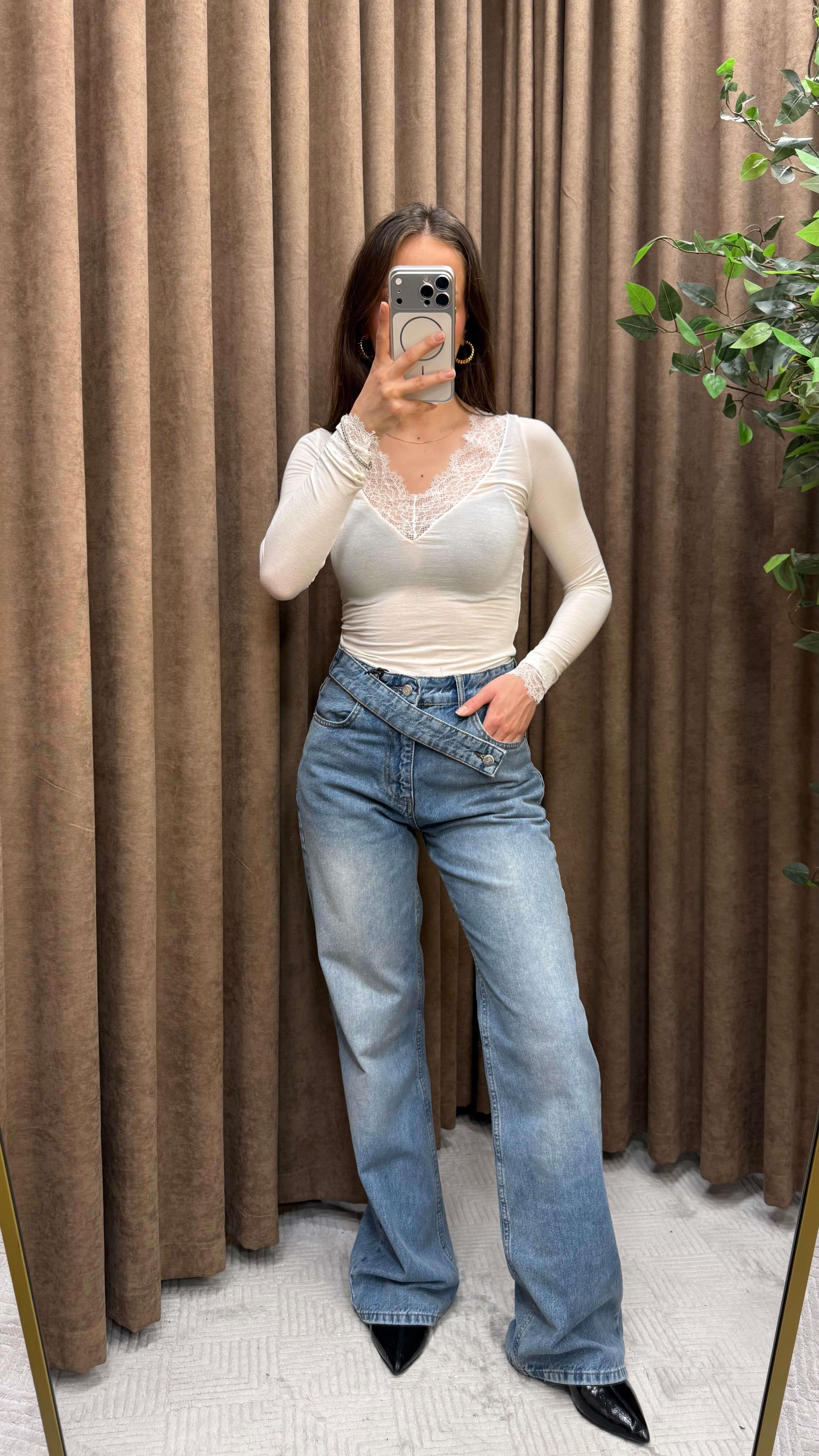 KOYU MAVİ WİDE LEG TASARIM JEAN