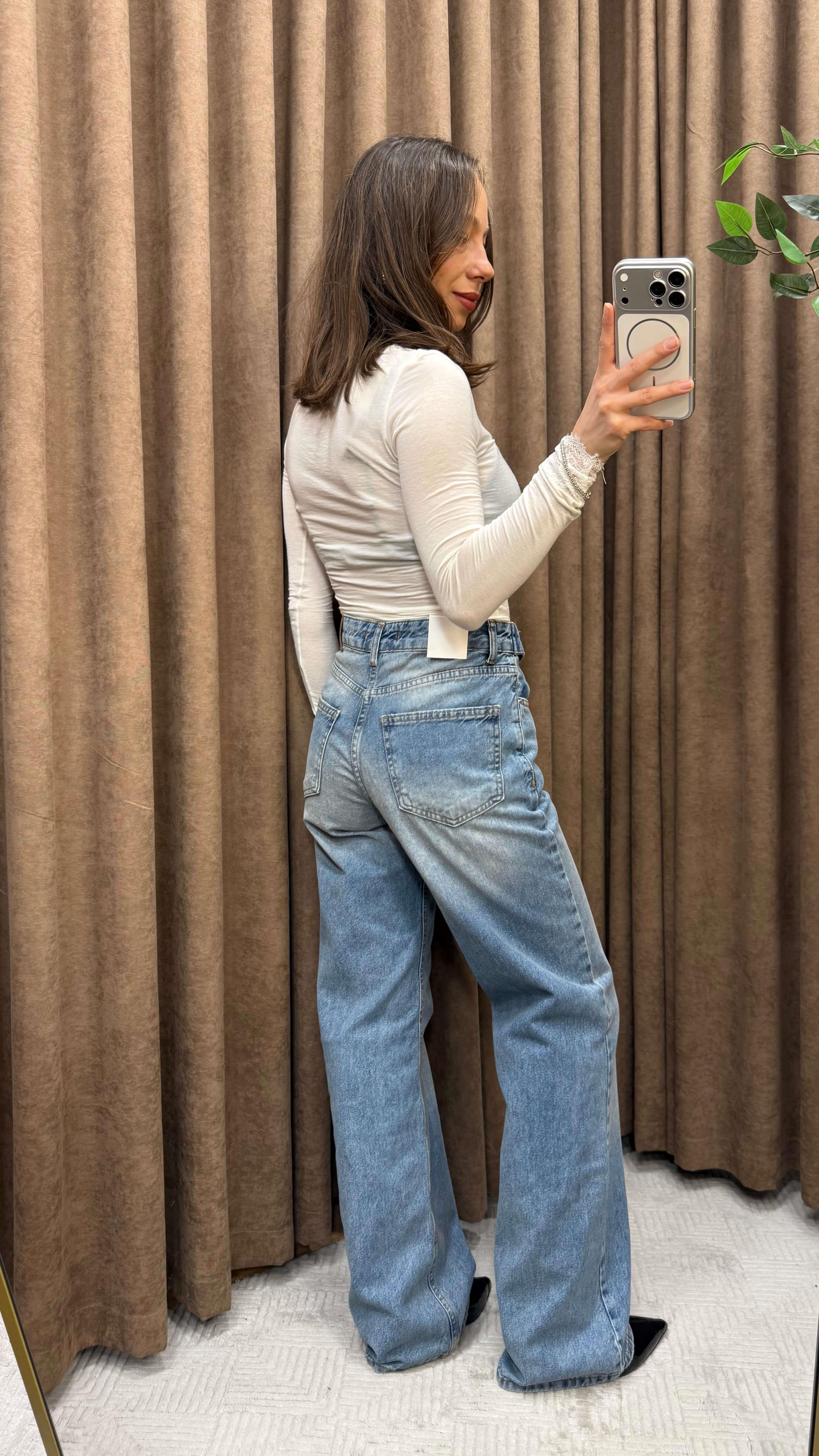 KOYU MAVİ WİDE LEG TASARIM JEAN
