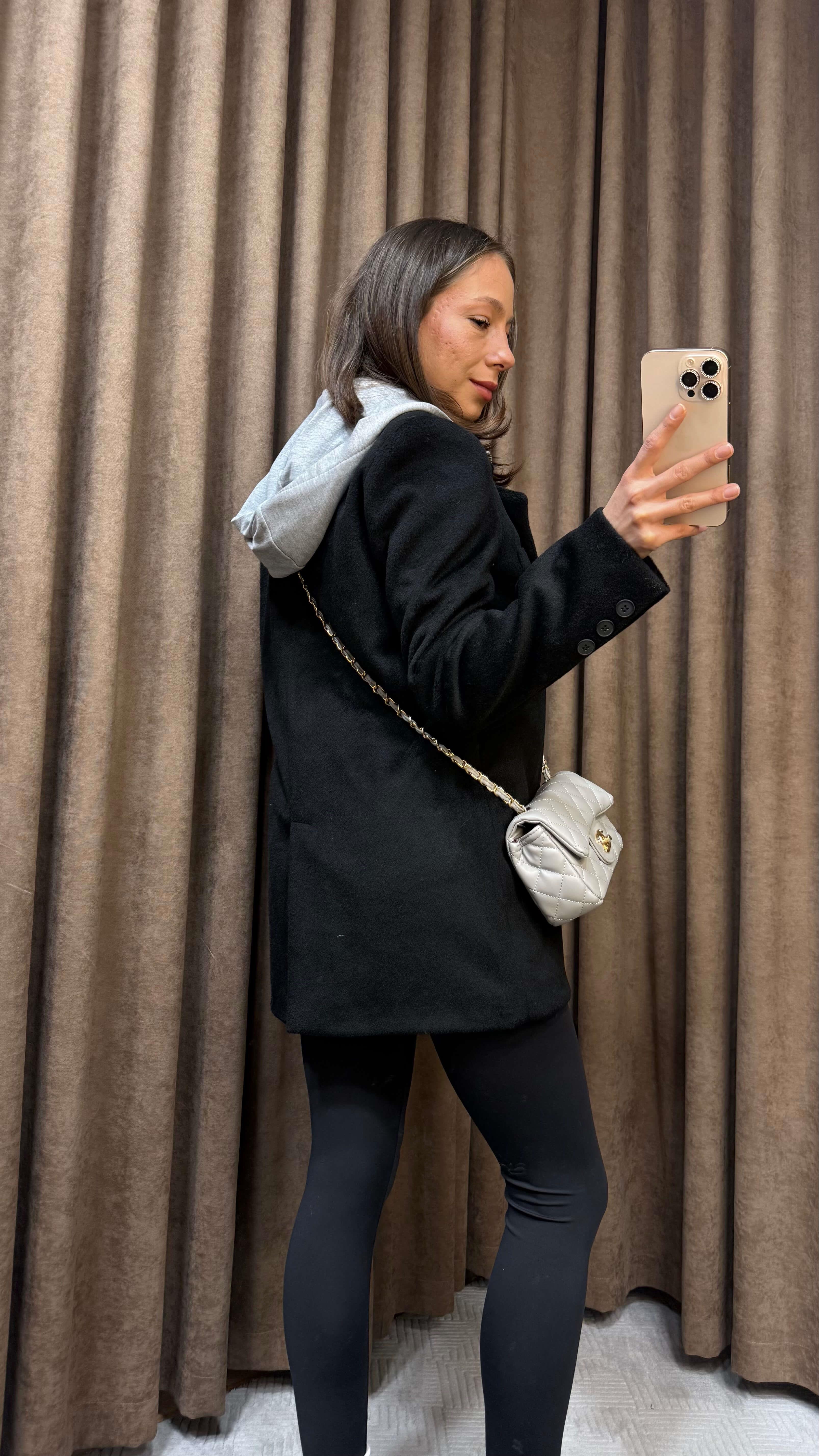 SİYAH HIRKA DETAYLI KAPÜŞONLU BLAZER CEKET