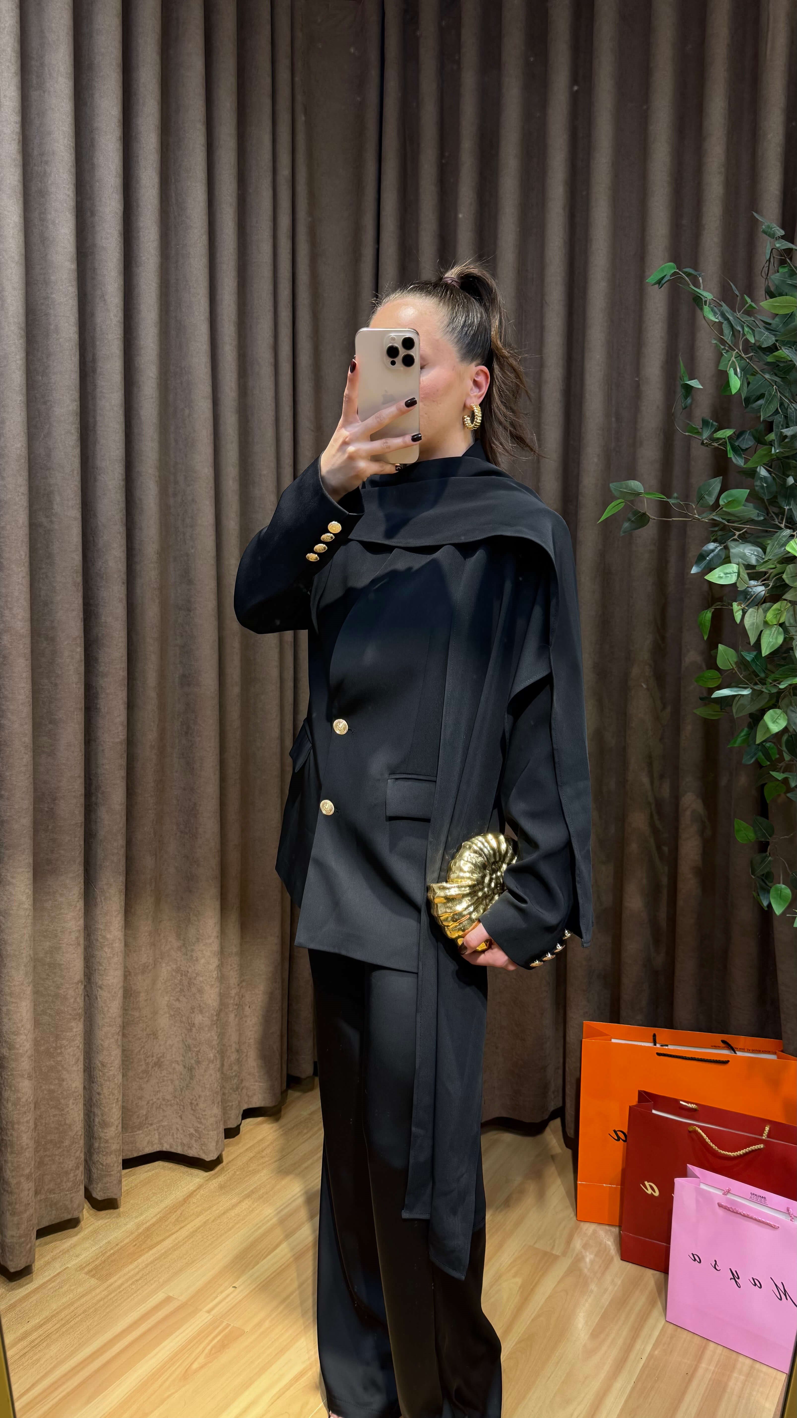 SİYAH ŞAL DETAYLI BLAZER CEKET 
