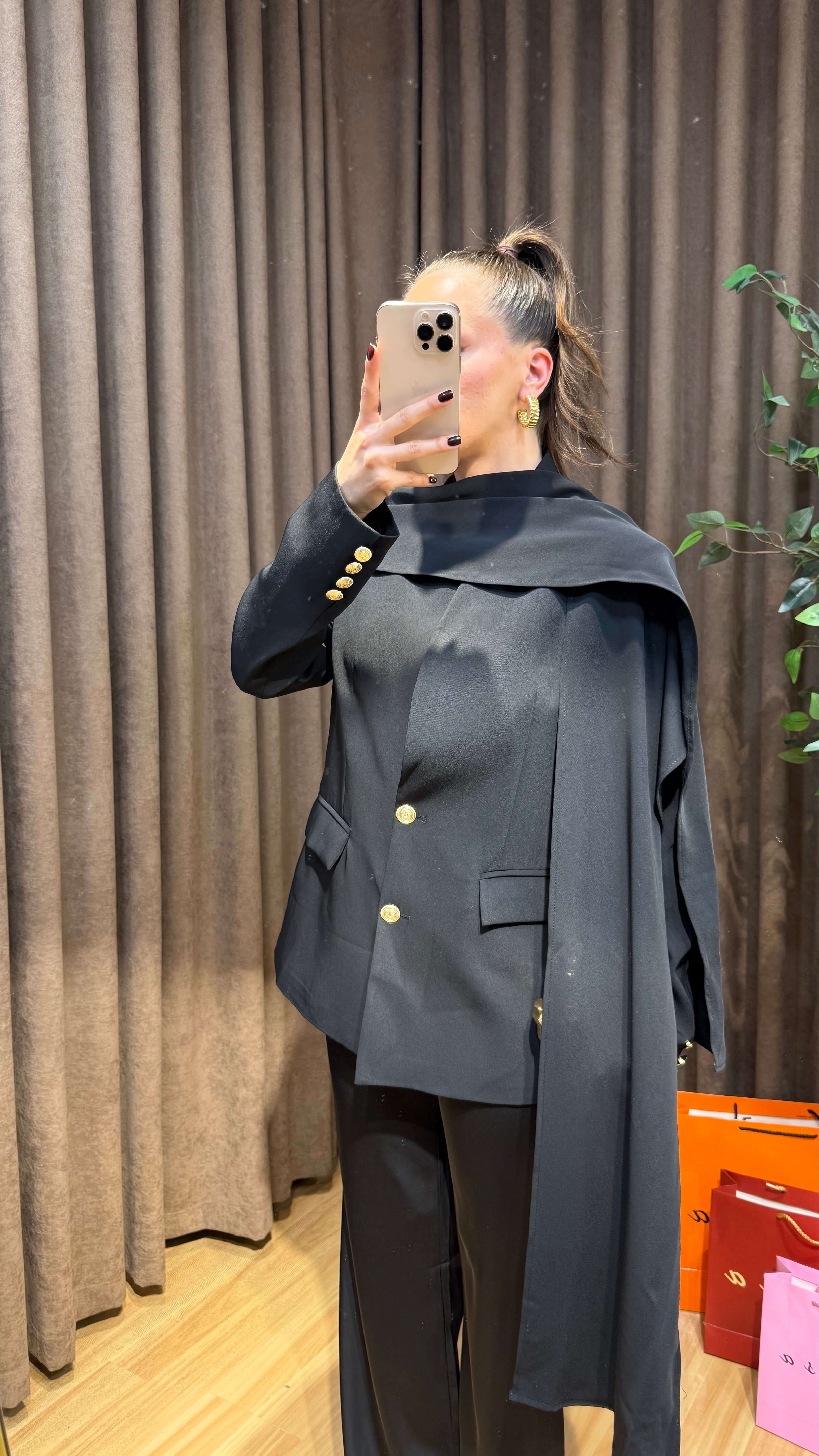 SİYAH ŞAL DETAYLI BLAZER CEKET 