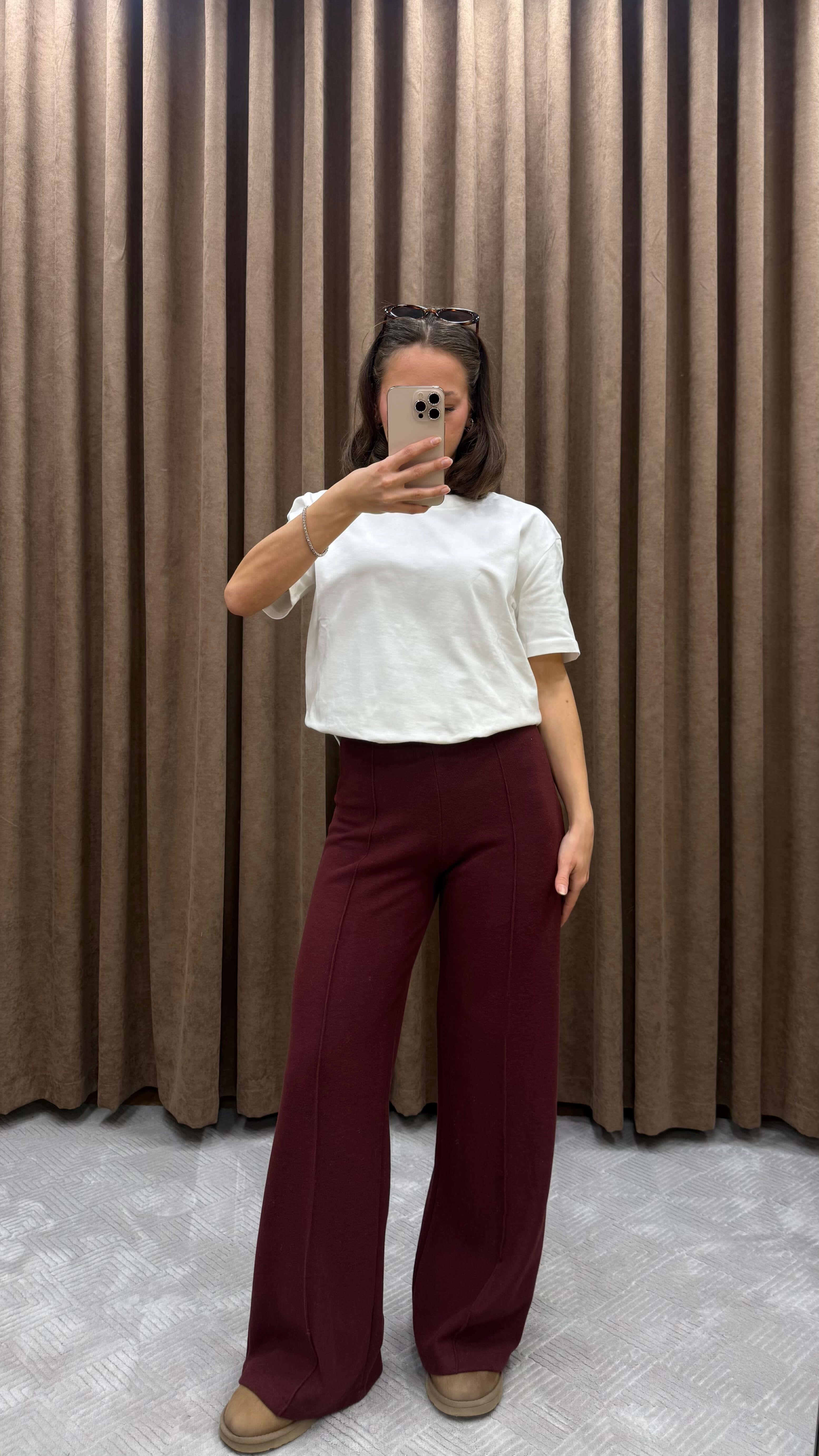 YÜKSEK BEL ÖRME PANTOLON-BORDO