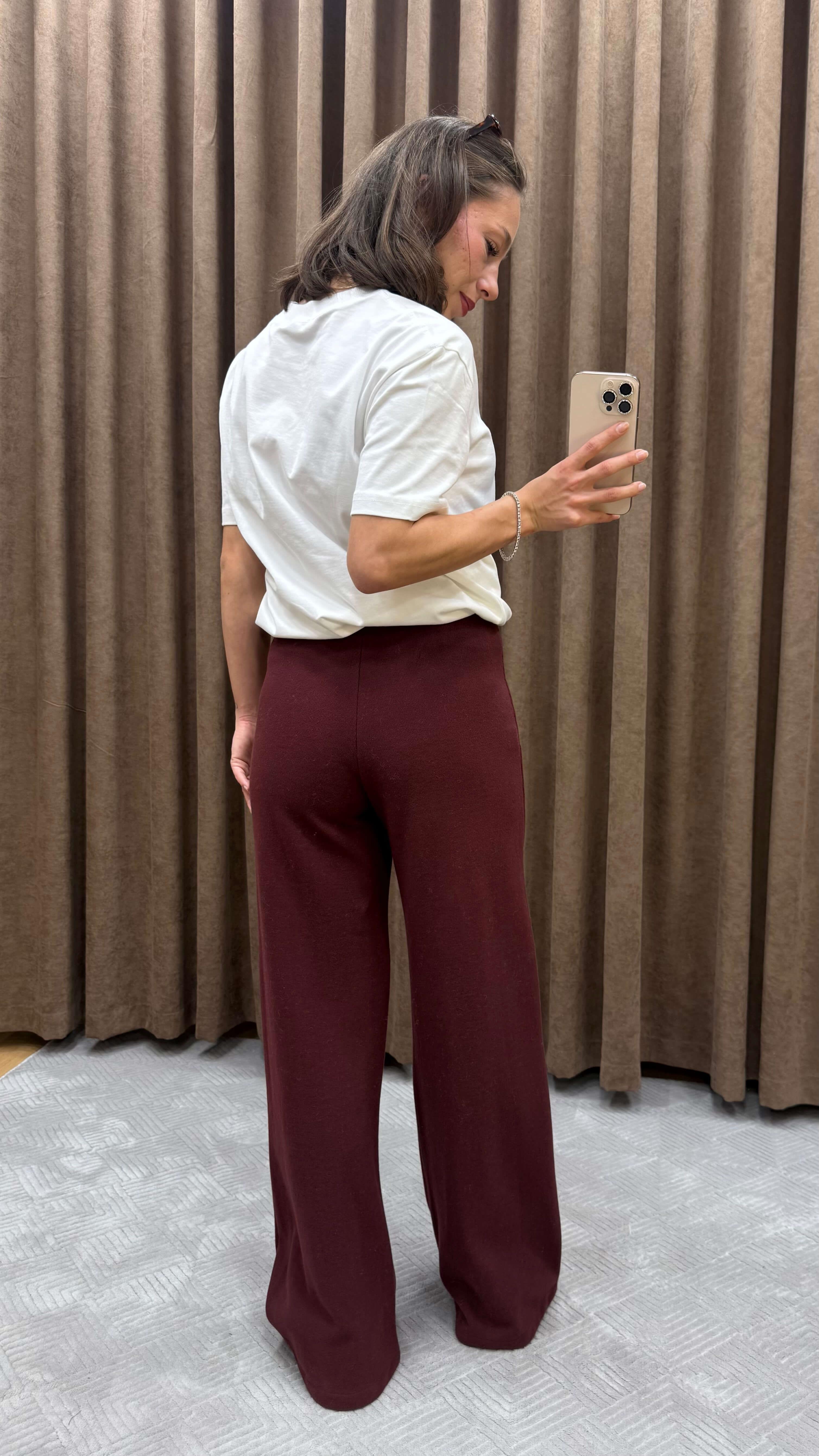 YÜKSEK BEL ÖRME PANTOLON-BORDO