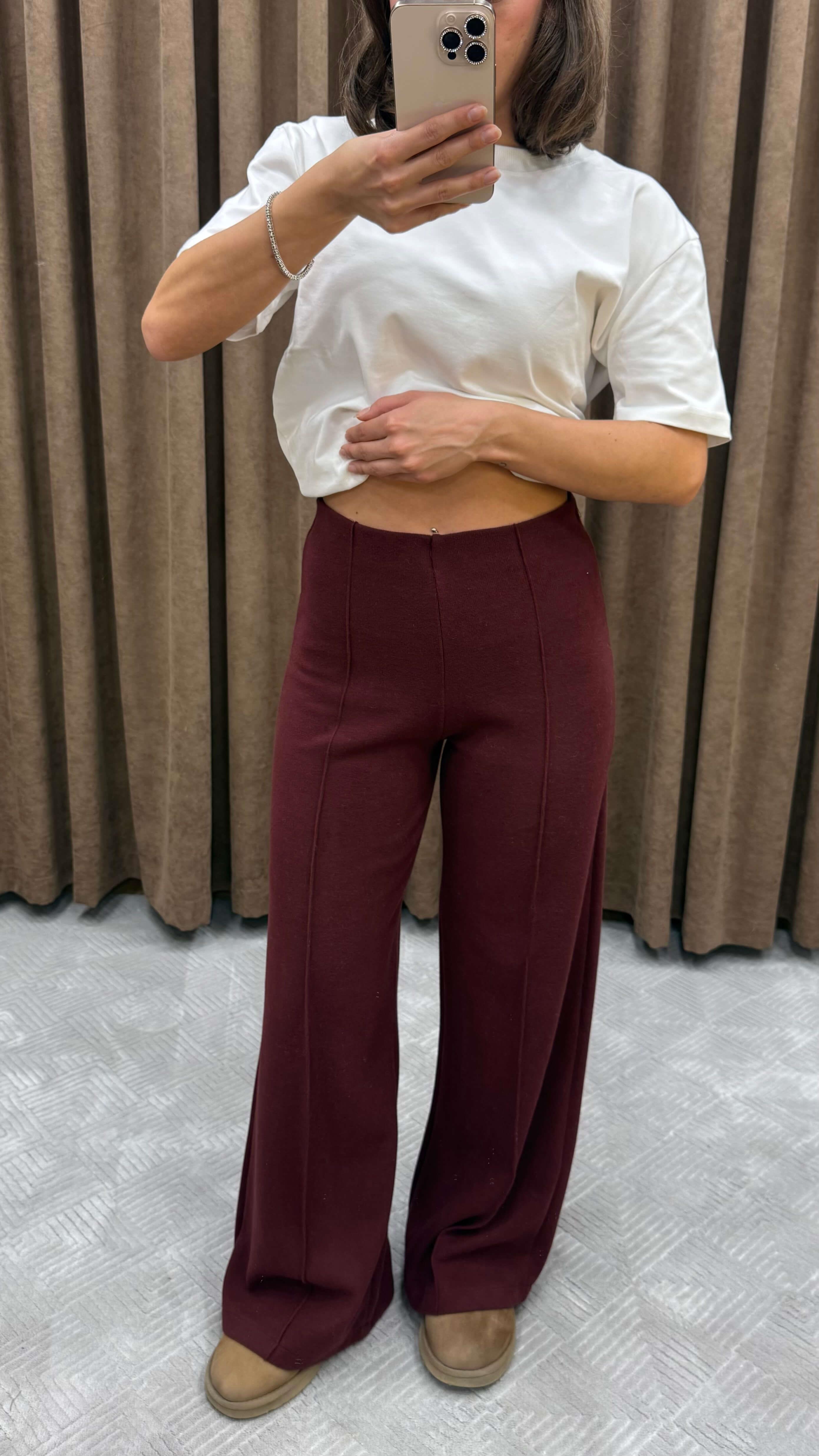 YÜKSEK BEL ÖRME PANTOLON-BORDO