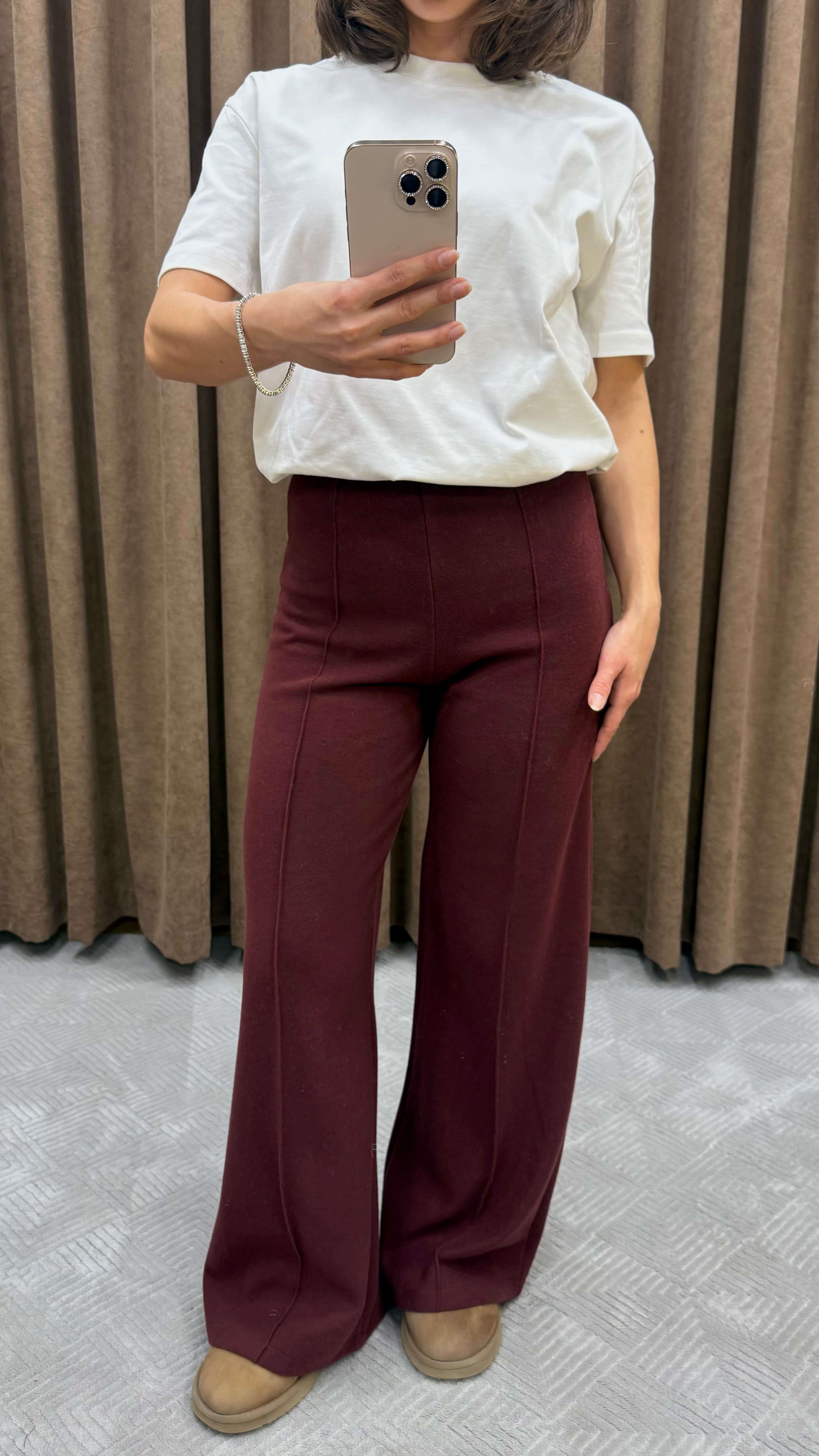 YÜKSEK BEL ÖRME PANTOLON-BORDO