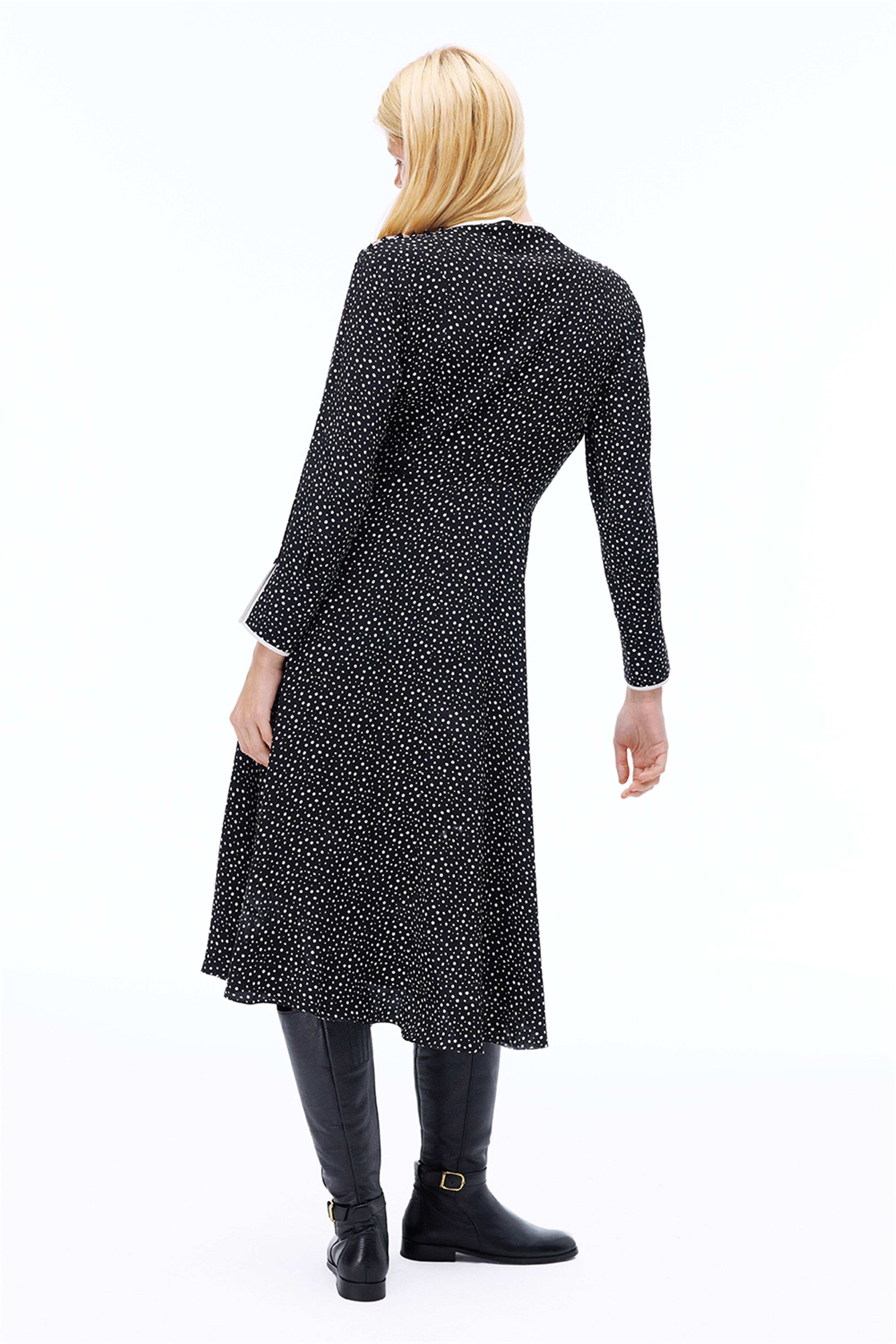 Abels Regular Fit Puantiye Desen Midi Boy Takma Kol Asimetrik Yaka Sıyah beyaz Elbise