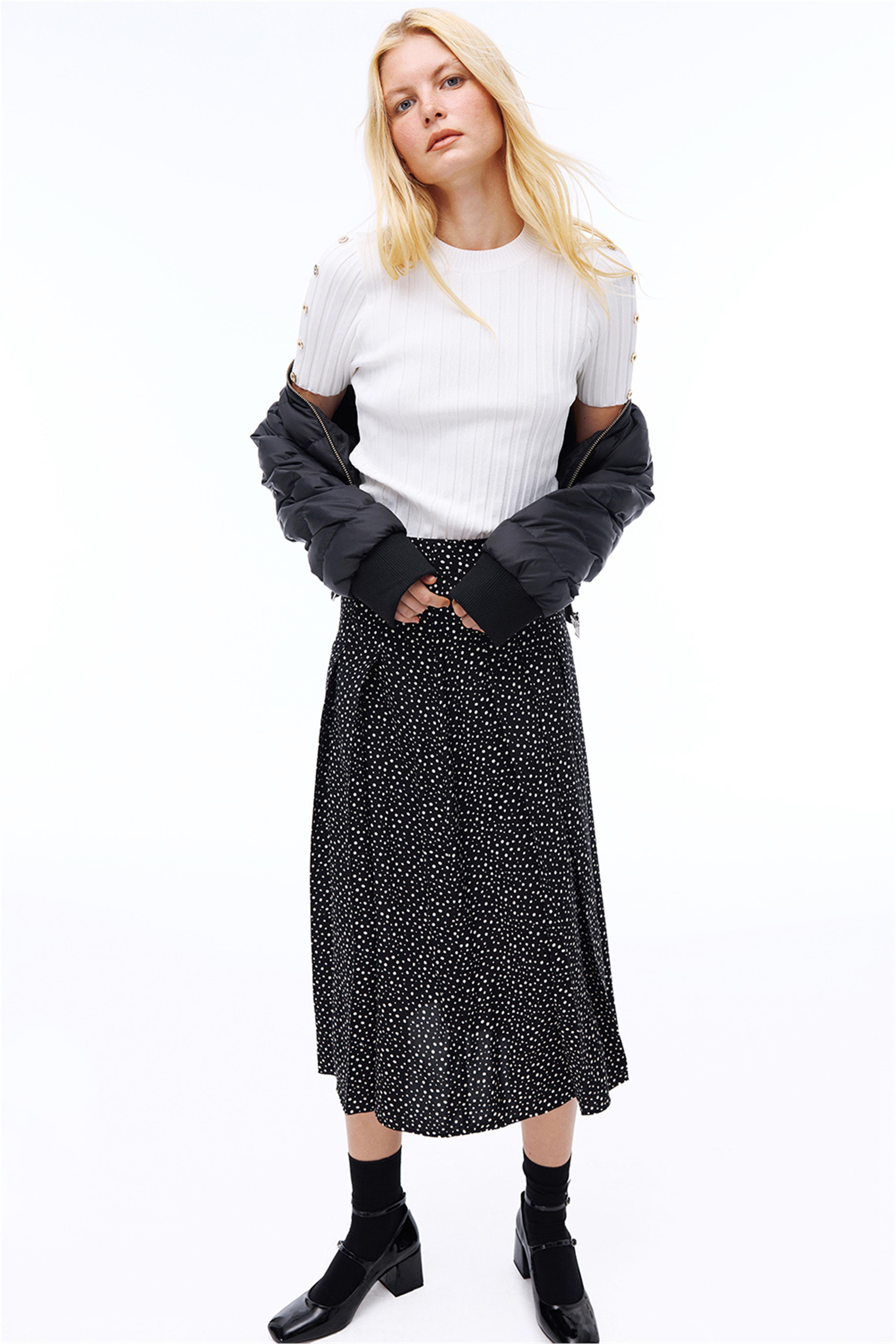 Abels Regular Fit Puantiye Desen Midi Boy Sıyah beyaz Etek