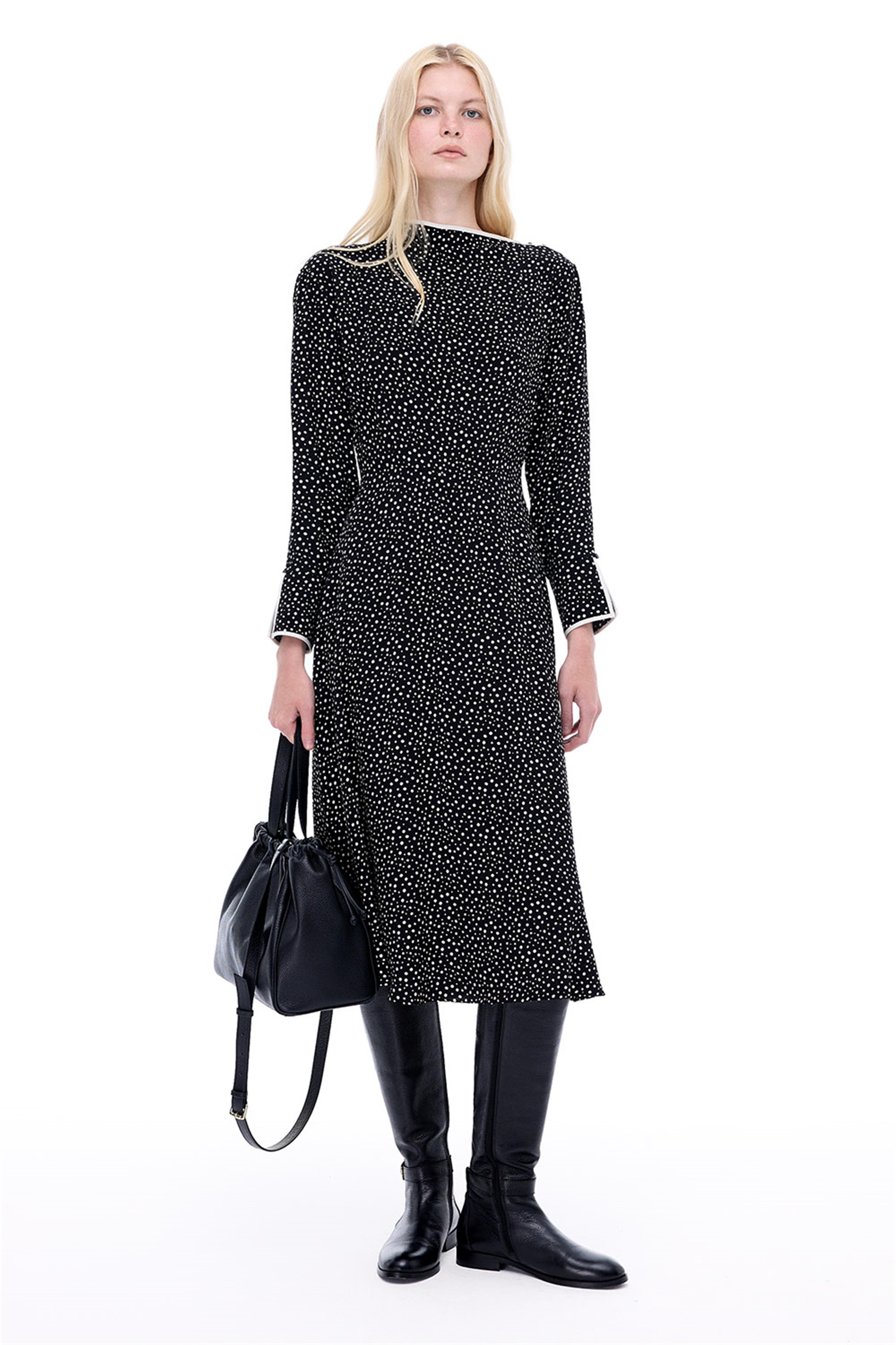 Abels Regular Fit Puantiye Desen Midi Boy Takma Kol Asimetrik Yaka Sıyah beyaz Elbise