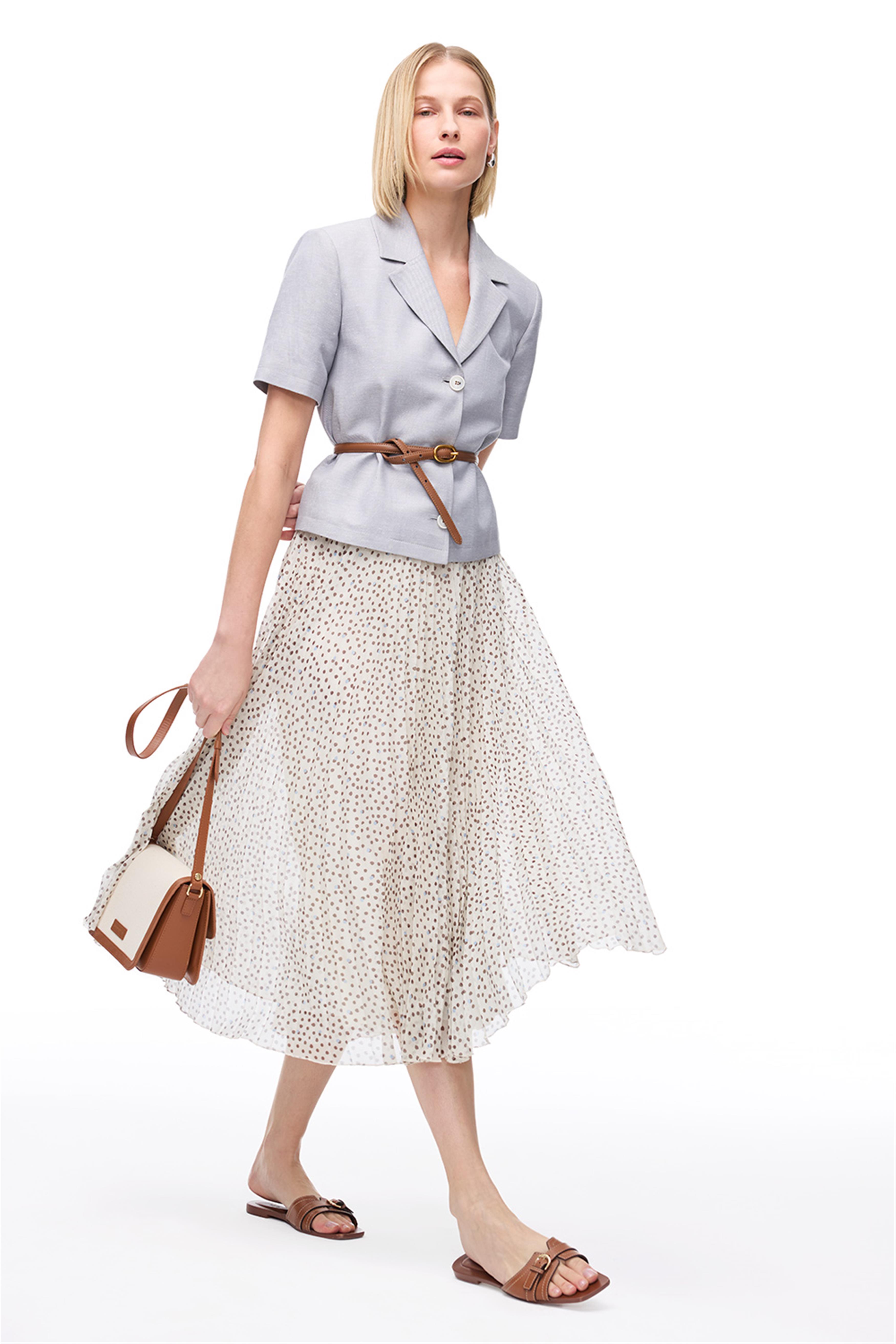 Açık Bej Fidos Regular Fit Yüksek Bel Diz Boy Etek