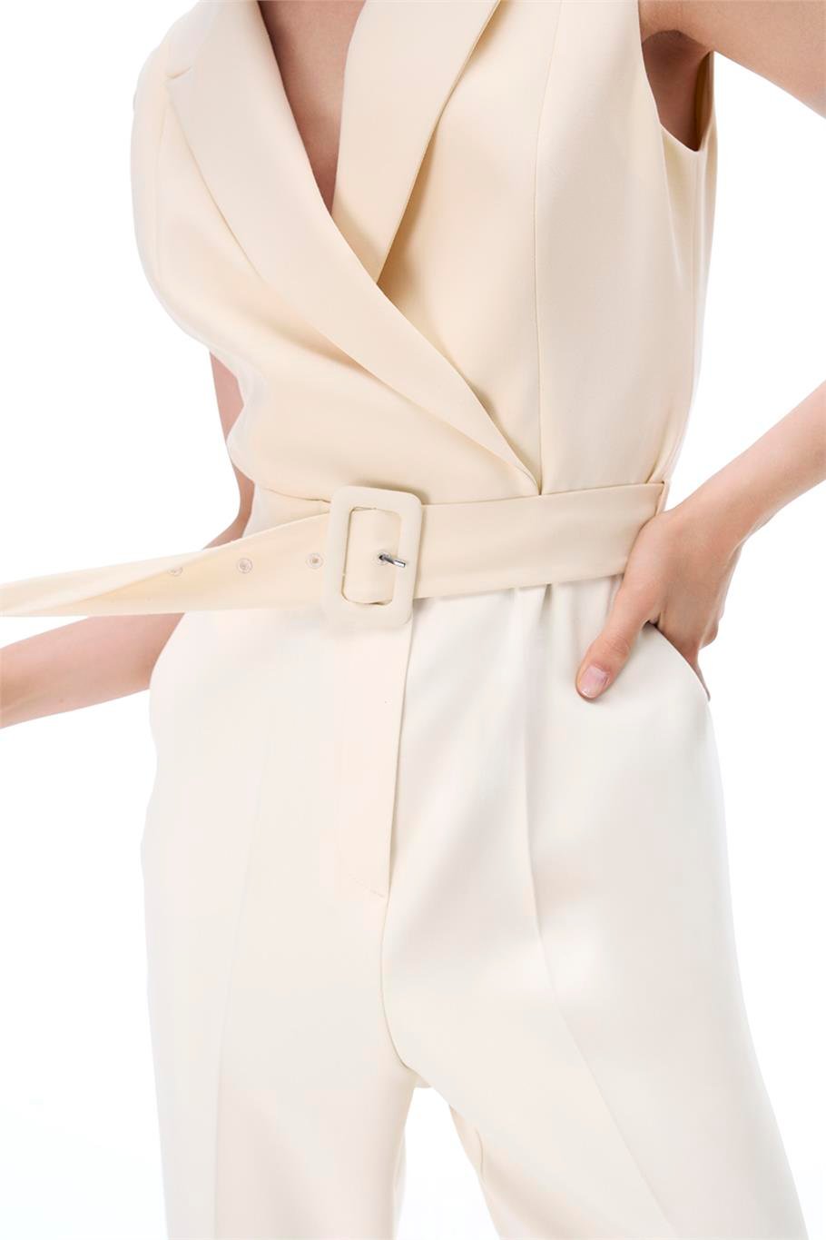 Açık Bej Klasik Yaka Boru Paça Tulum