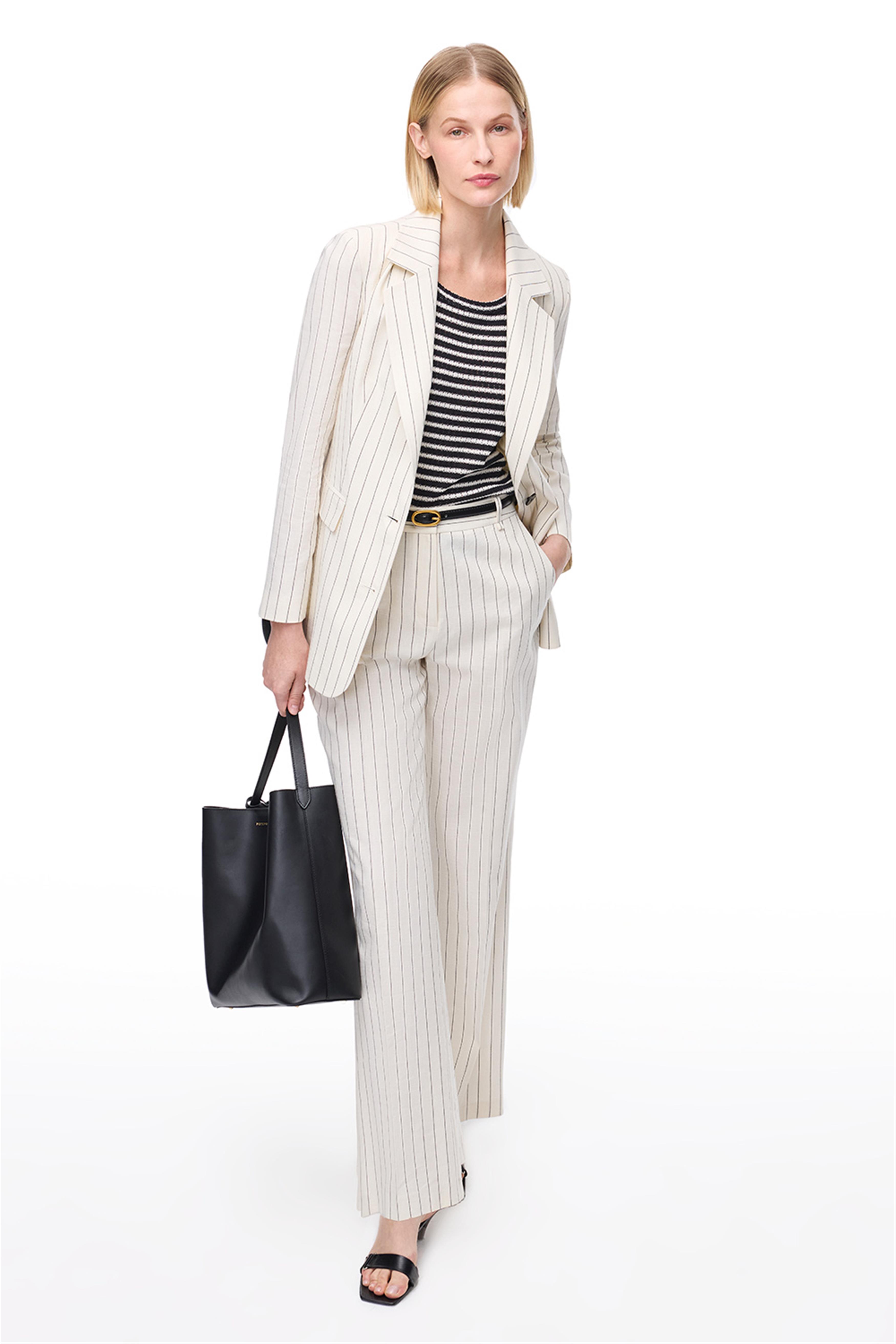 Açık Bej Uzun Kollu Çizgili Keten Ceket