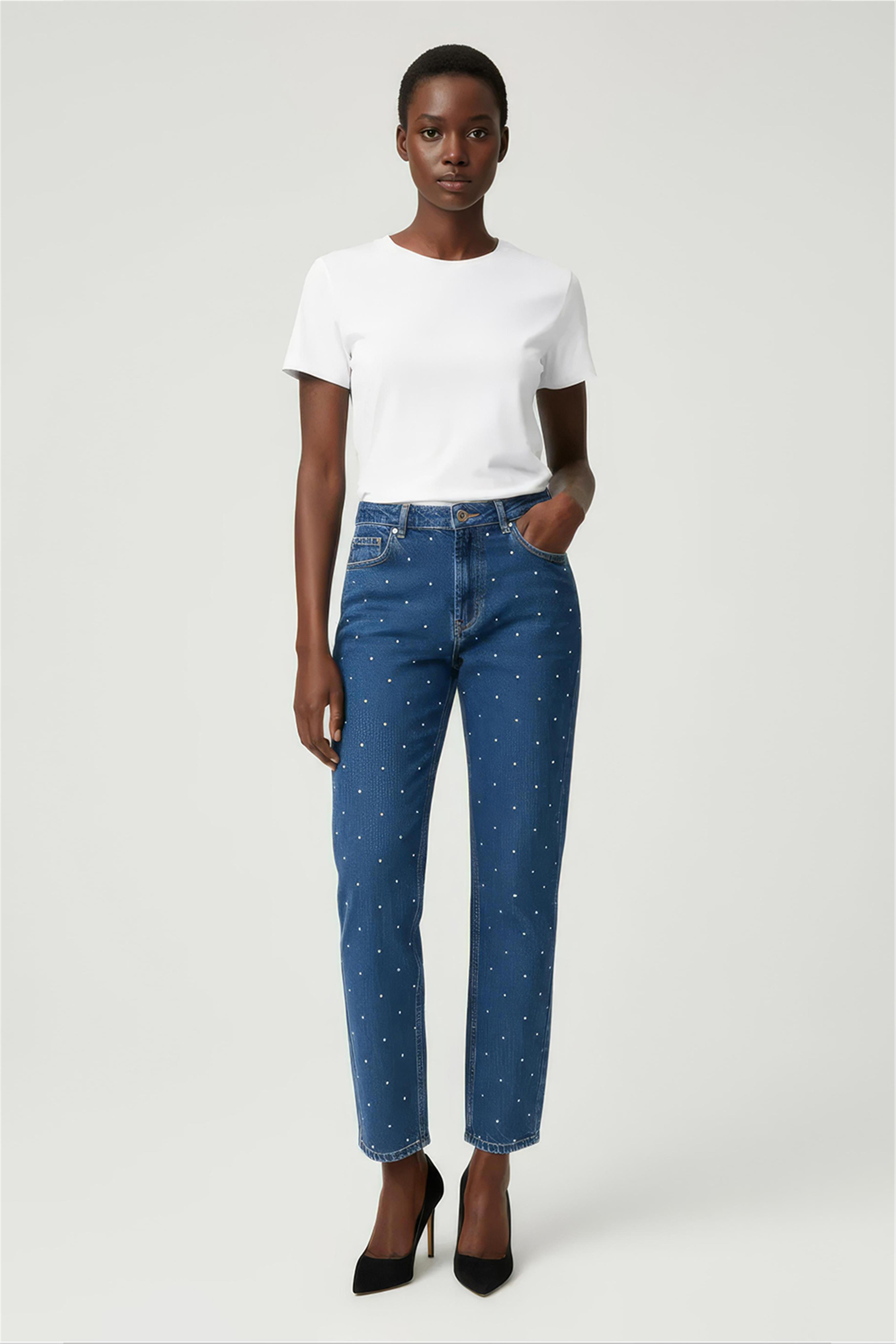 Açık Mavi Yüksek Bel Taşlı Denim Pantolon