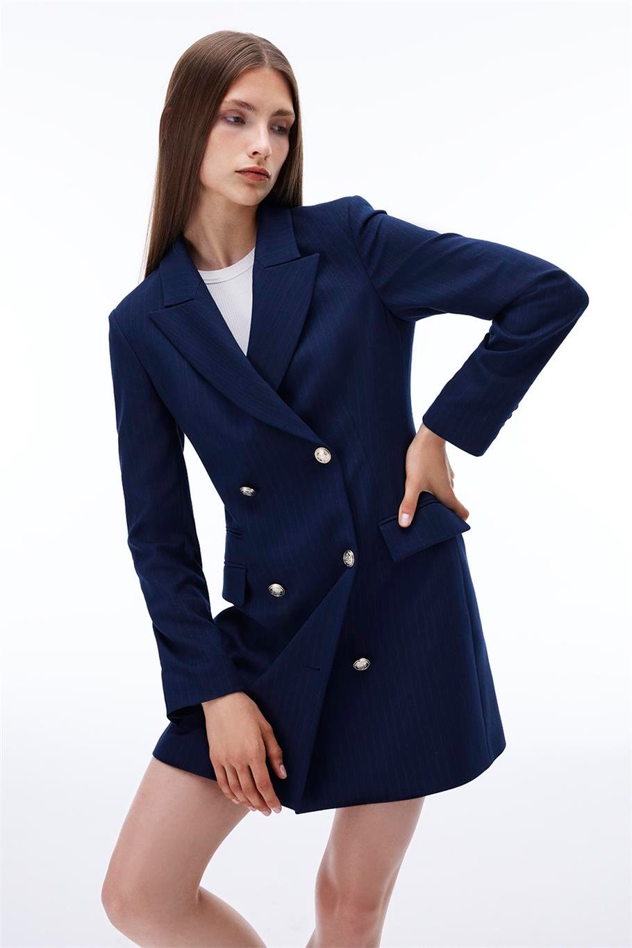 Actors Regular Fit Çizgili Desenli Kısa Boy Takma Kol Ceket Yaka Lacivert Renk Elbise