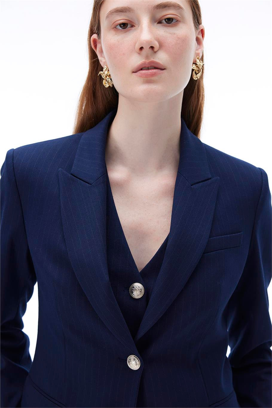 Actors Slim Fit Kısa Boy Takma Kol Ceket Yaka Lacivert Ceket