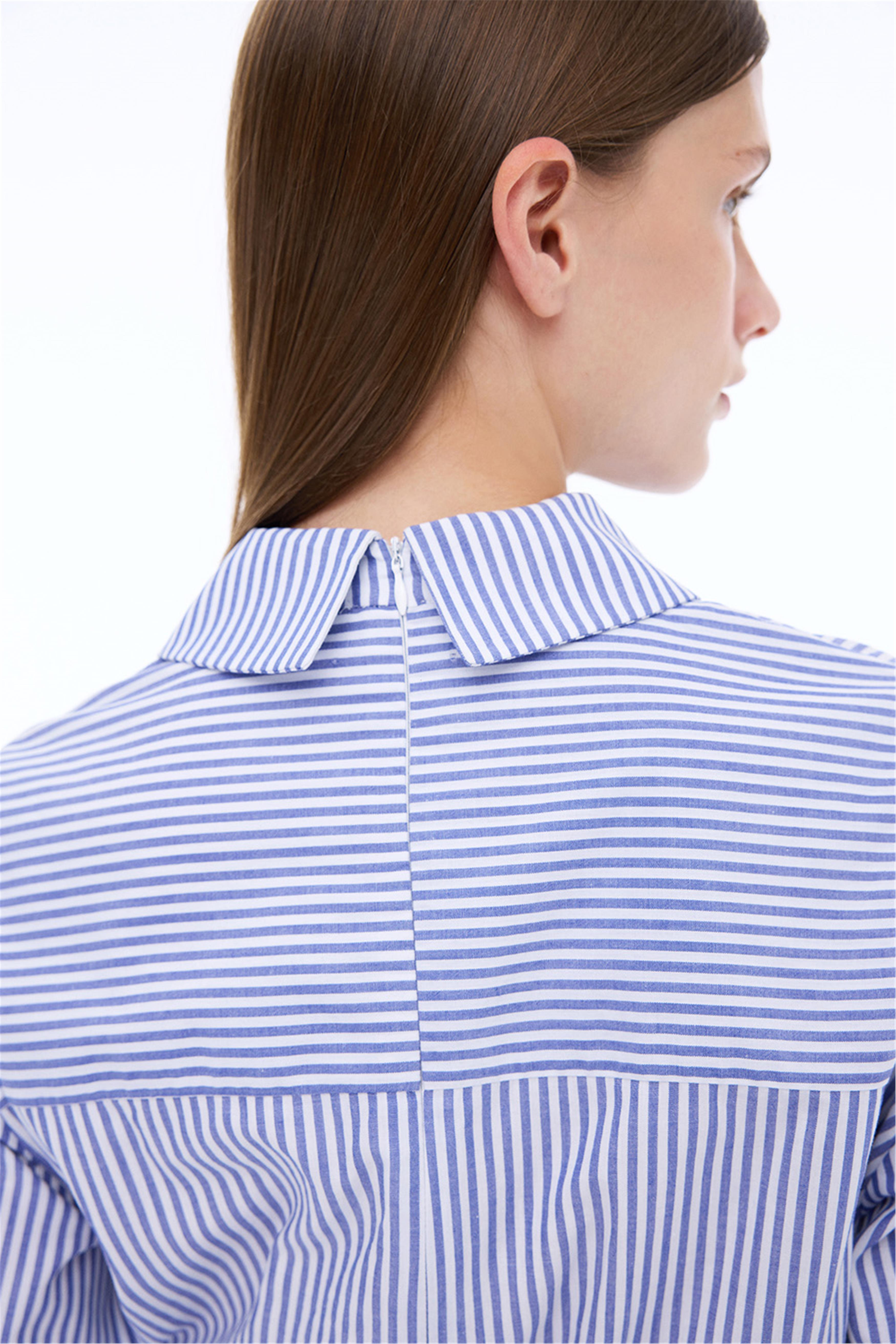 Adalias Regular Fit Çizgili Desen Kısa Boy Takma Kol Gömlek Yaka Beyaz İndigo Elbise