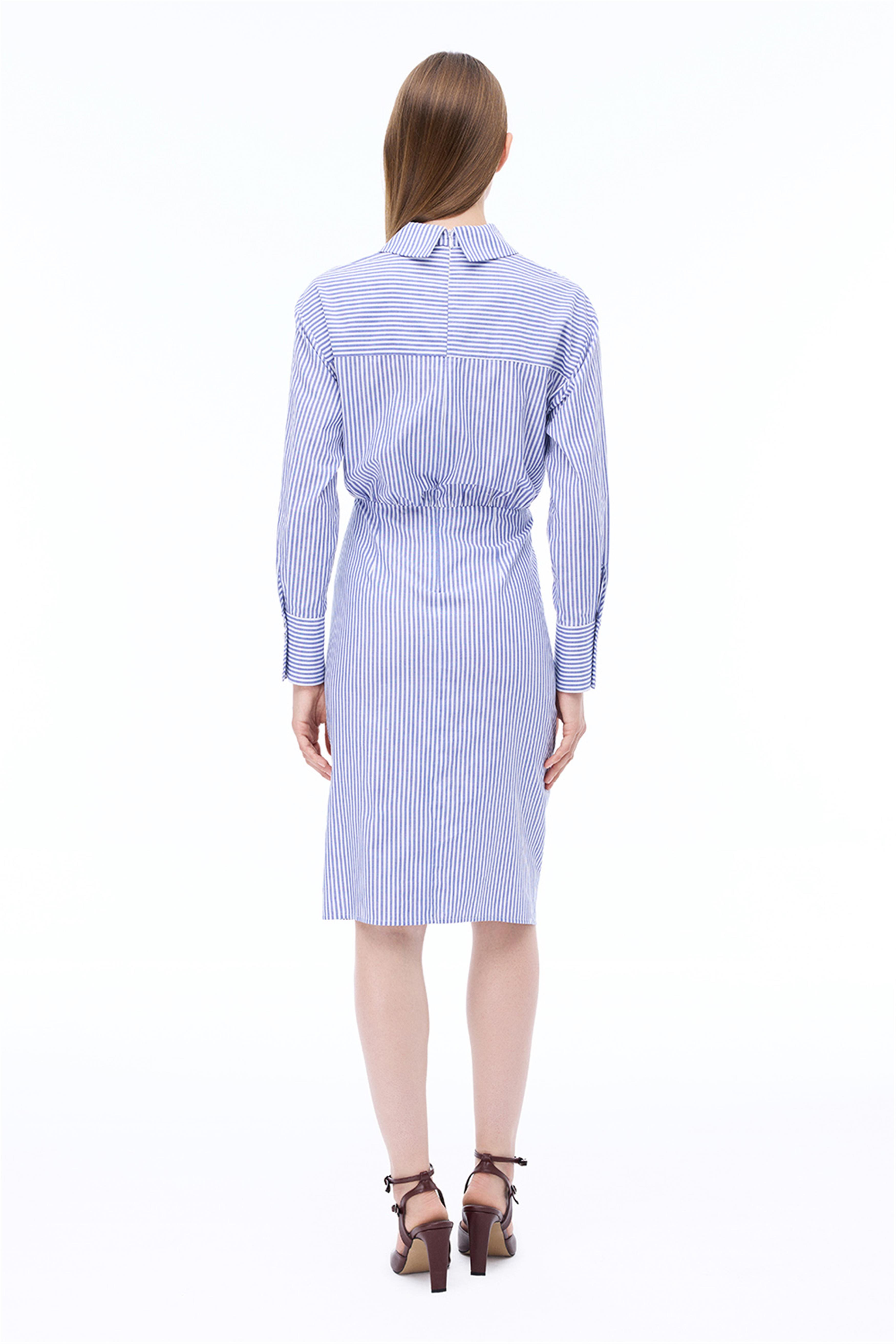 Adalias Regular Fit Çizgili Desen Kısa Boy Takma Kol Gömlek Yaka Beyaz İndigo Elbise