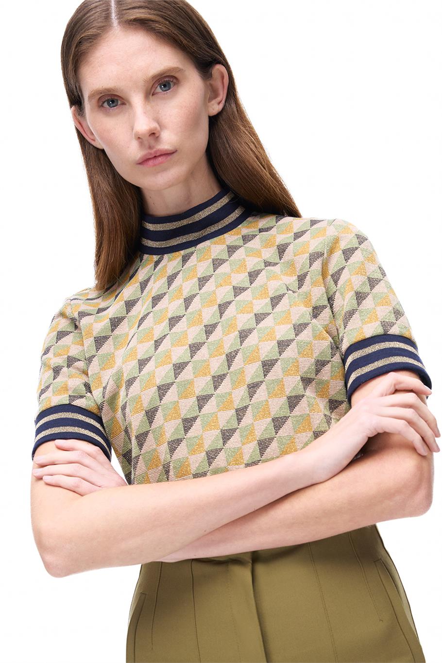 Alcors Slim Fit Geometrik Desen Crop Boy Takma Kol Bisiklet Yaka Yesıl Bluz