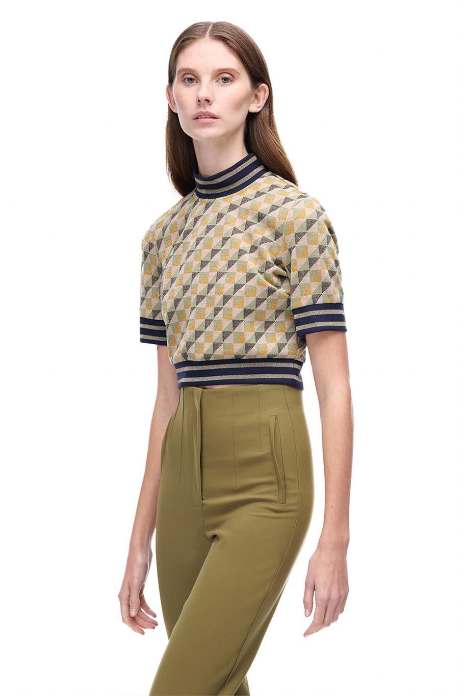 Alcors Slim Fit Geometrik Desen Crop Boy Takma Kol Bisiklet Yaka Yesıl Bluz