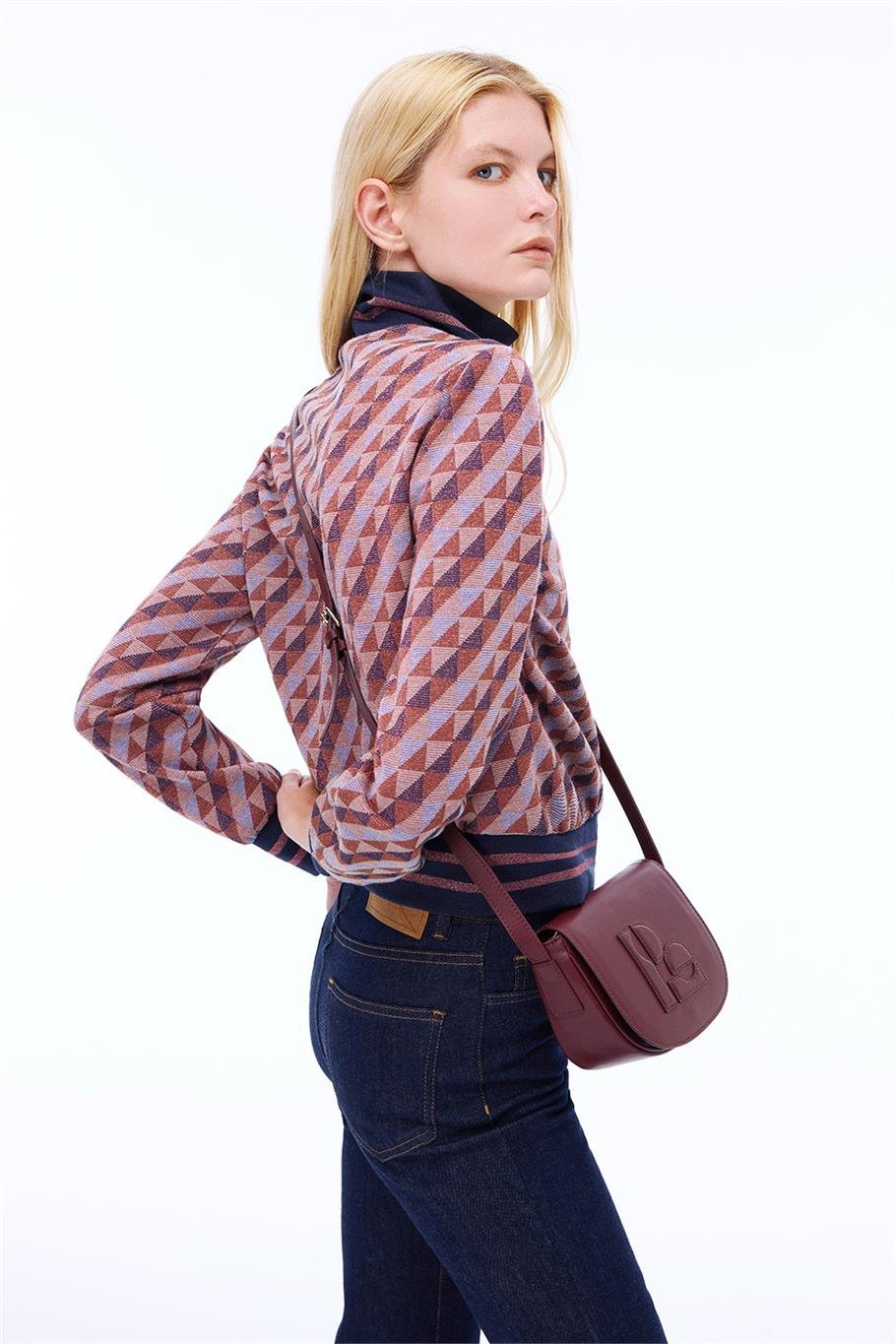 Alcors Slim Fit Geometrik Desen Standart Boy Takma Kol Yarım Dik Yaka Bordo Mont