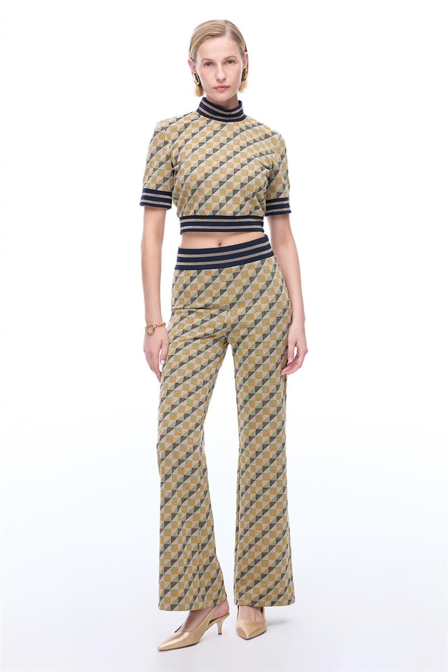 Alcors Slim Fit Geometrik Desen Uzun Boy Yesıl Pantolon