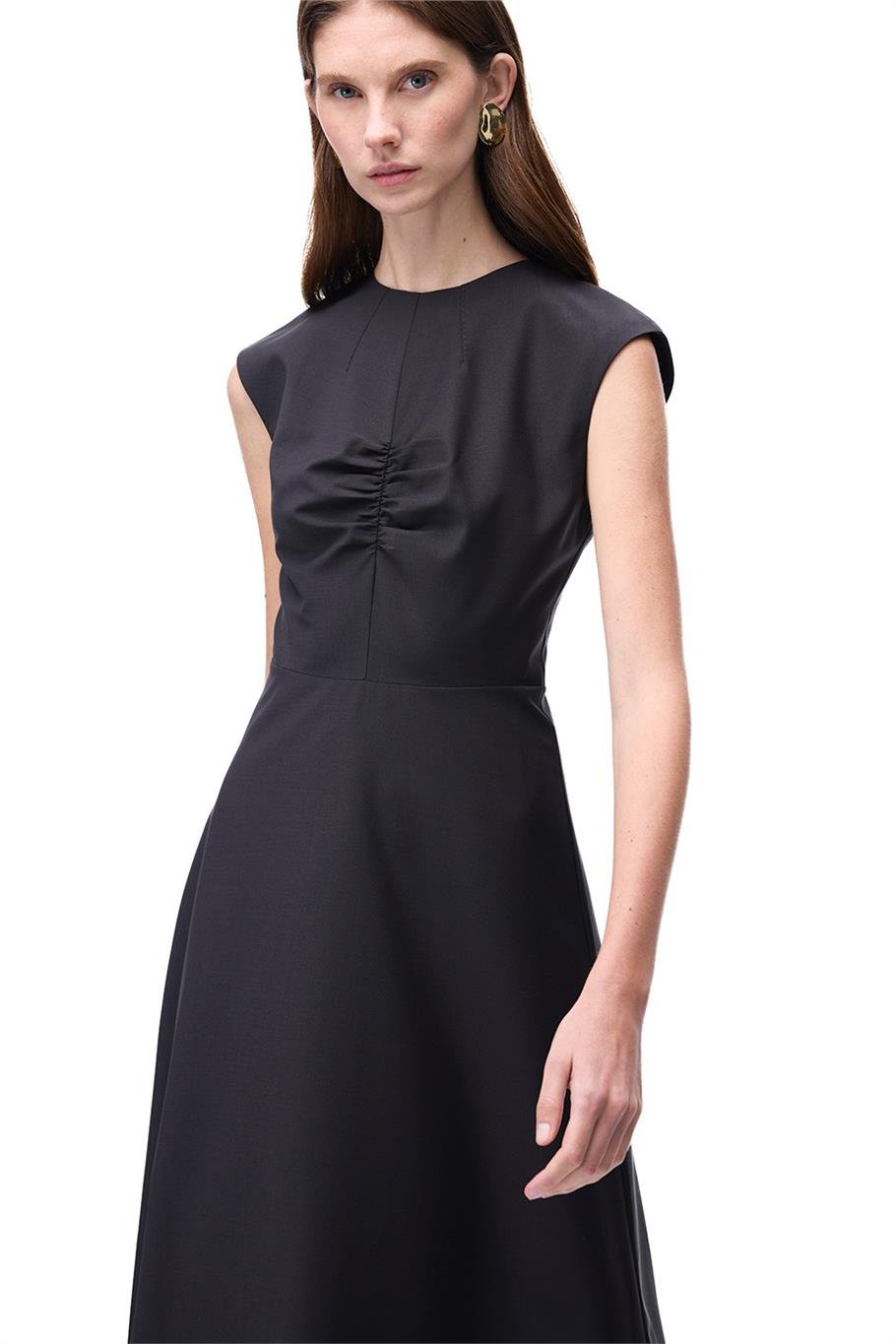 Alfios Regular Fit Midi Boy Düşük Kollu Bisiklet Yaka Siyah Elbise