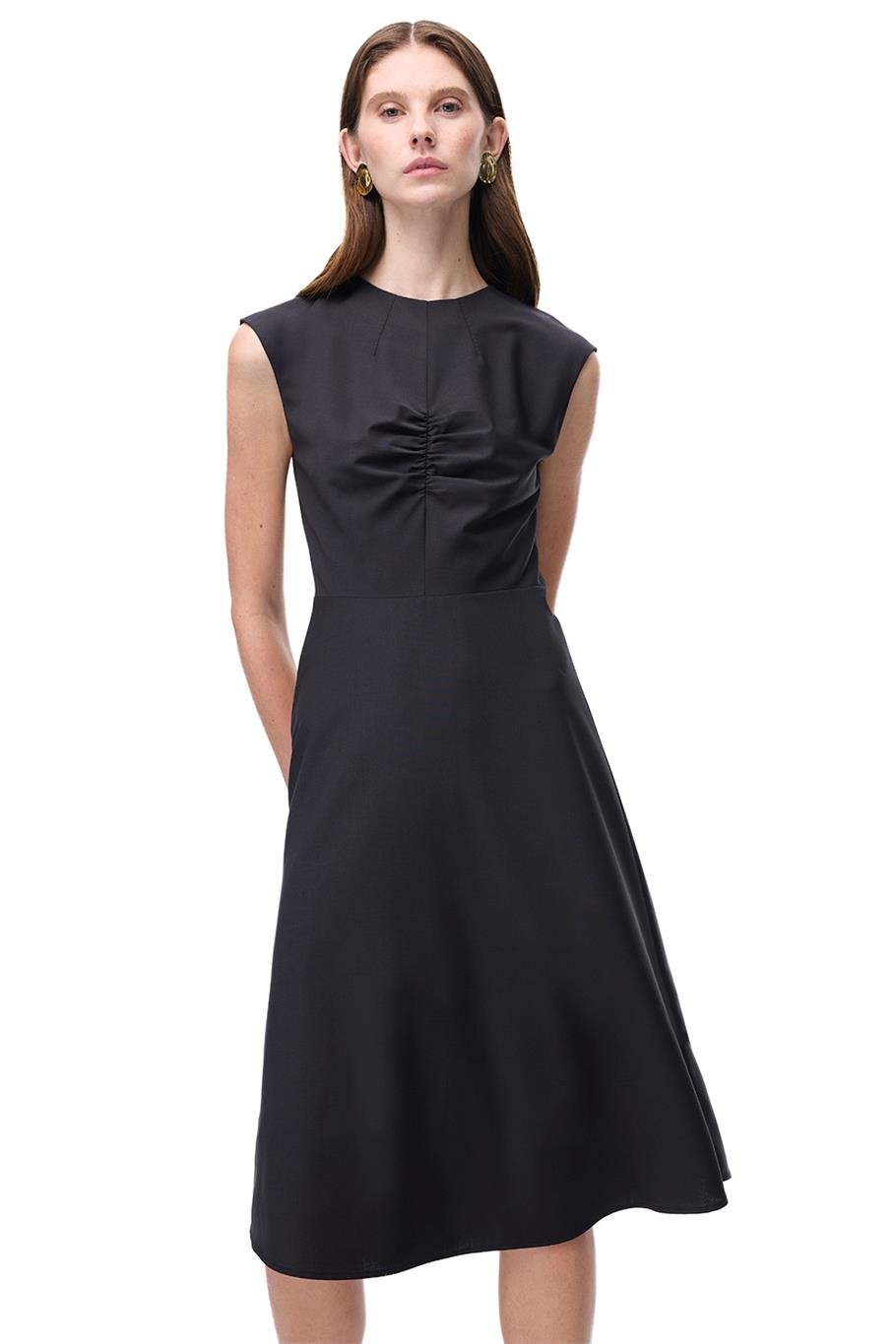 Alfios Regular Fit Midi Boy Düşük Kollu Bisiklet Yaka Siyah Elbise