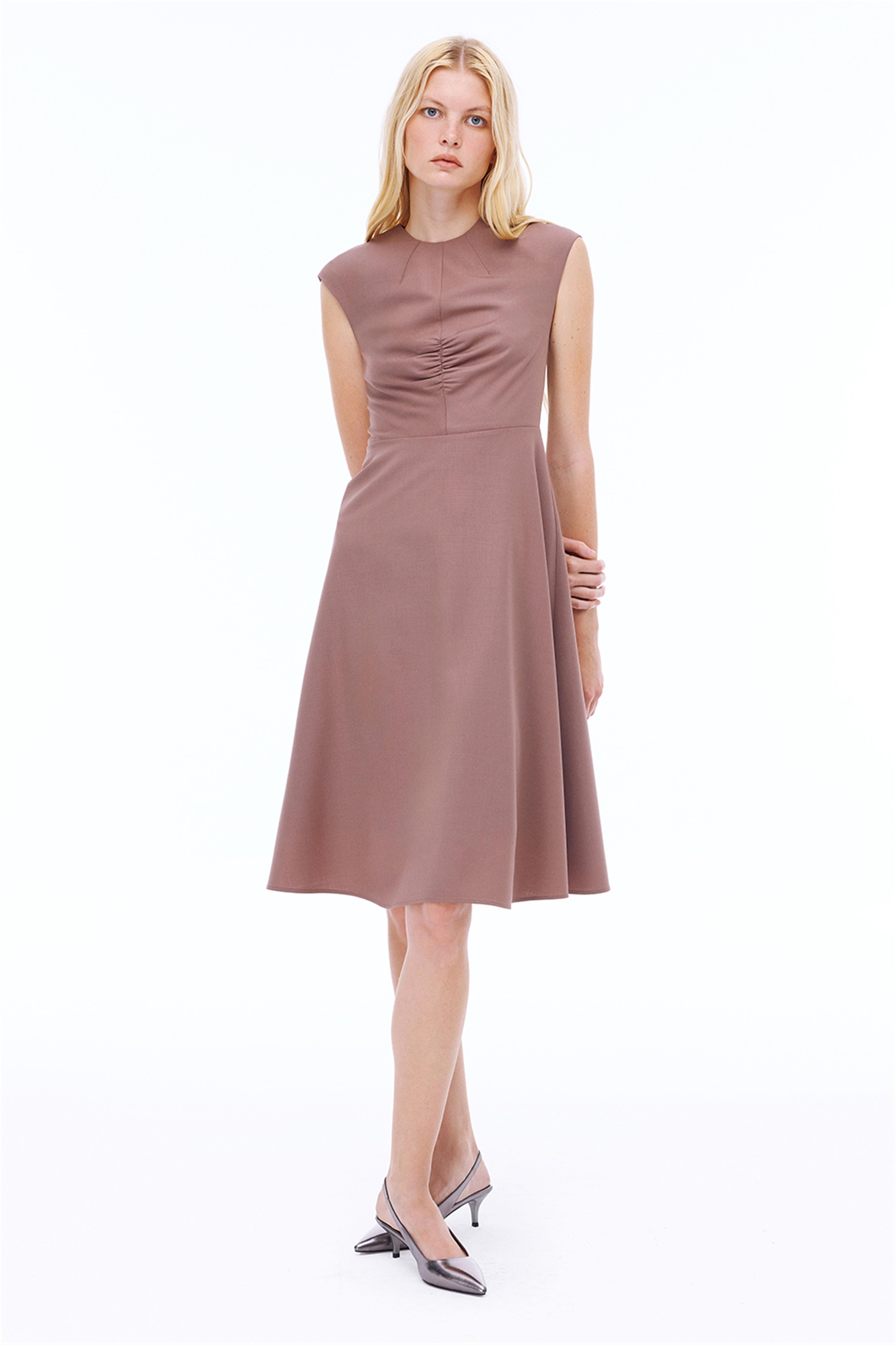 Alfios Regular Fit Midi Boy Düşük Kollu Bisiklet Yaka Vizon Renk Elbise