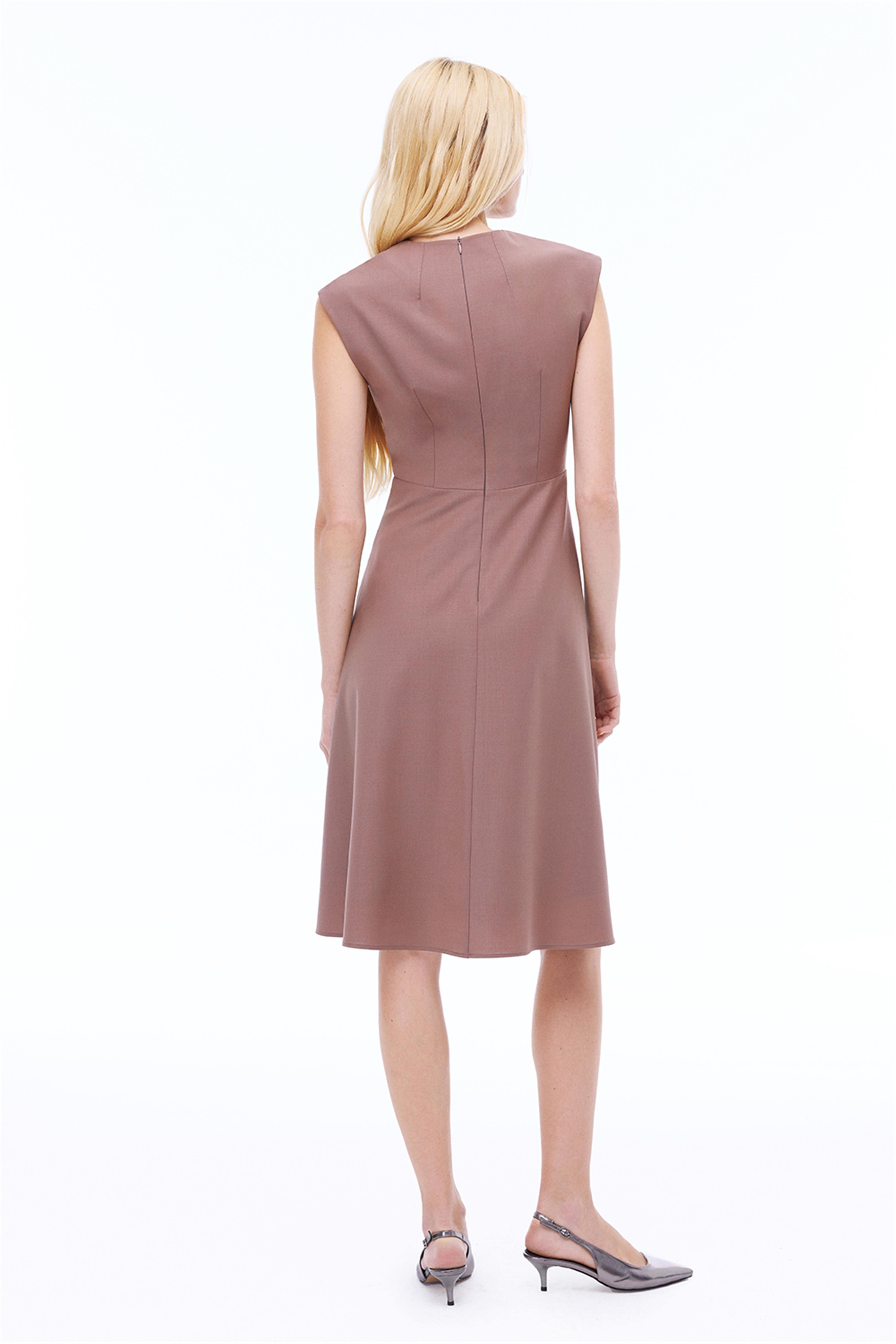 Alfios Regular Fit Midi Boy Düşük Kollu Bisiklet Yaka Vizon Renk Elbise