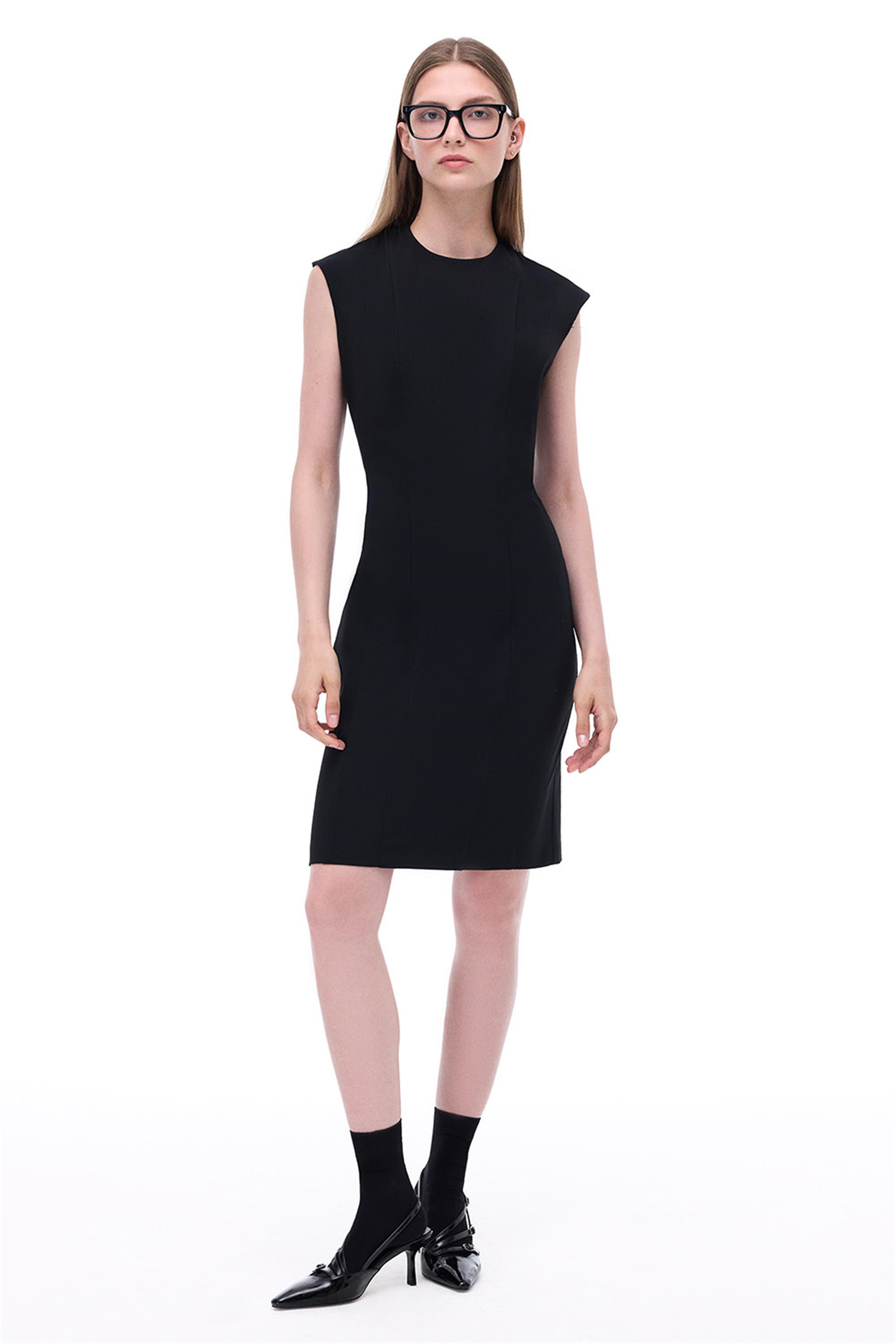 Always Slim Fit Diz Altı Düşük Kollu V-Yaka Siyah Elbise