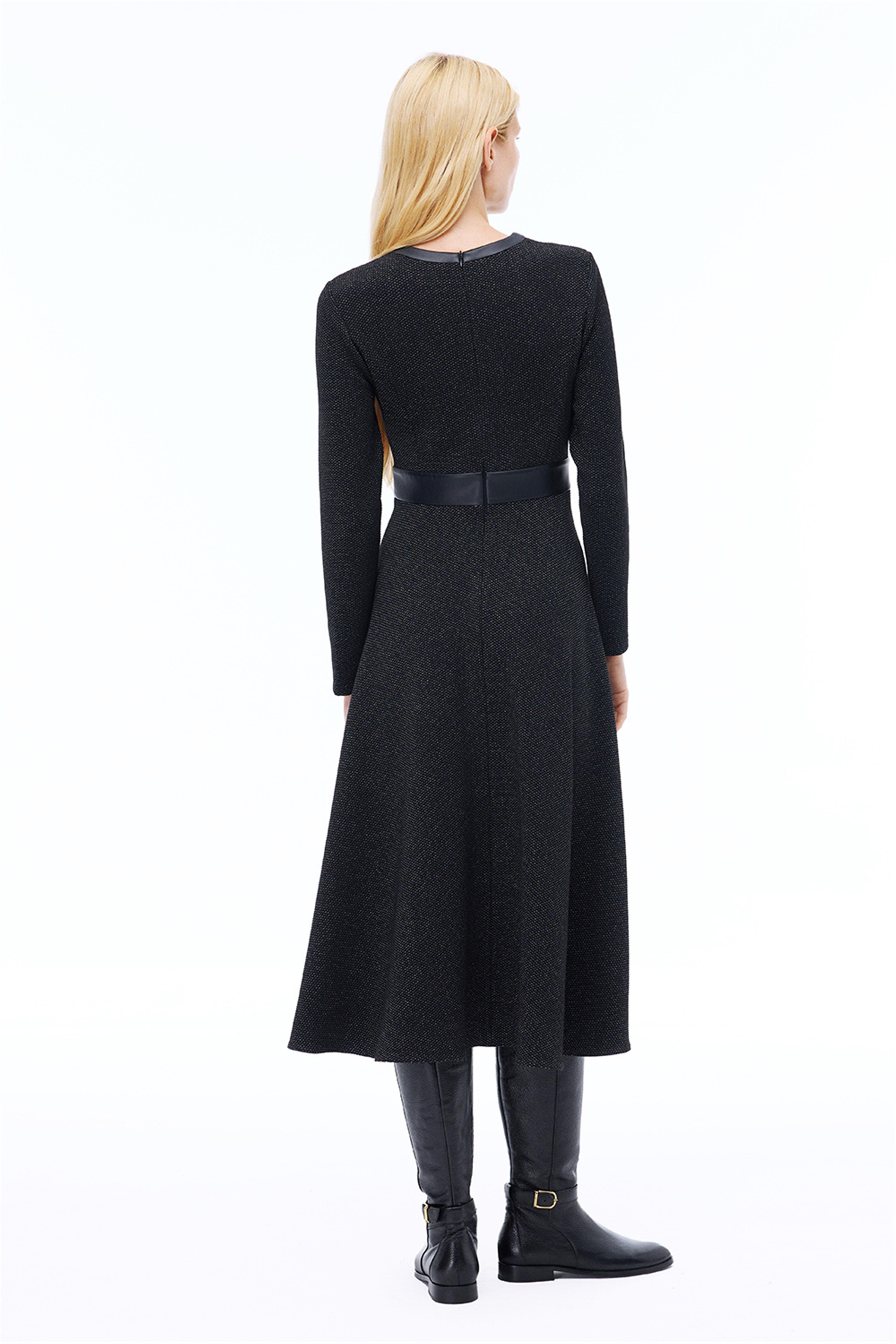 Anderas Regular Fit Midi Boy Takma Kol Bisiklet Yaka Siyah Elbise