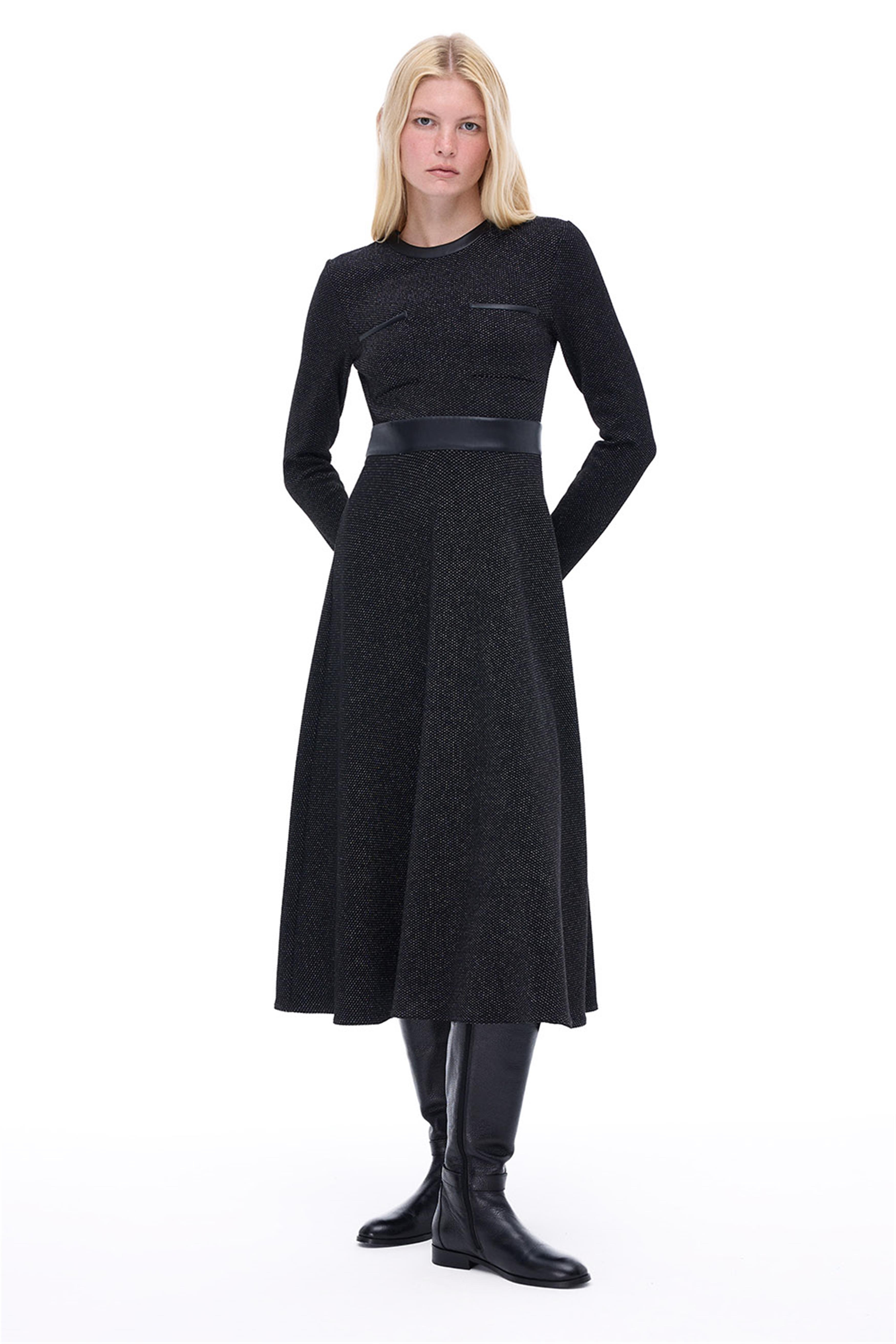 Anderas Regular Fit Midi Boy Takma Kol Bisiklet Yaka Siyah Elbise