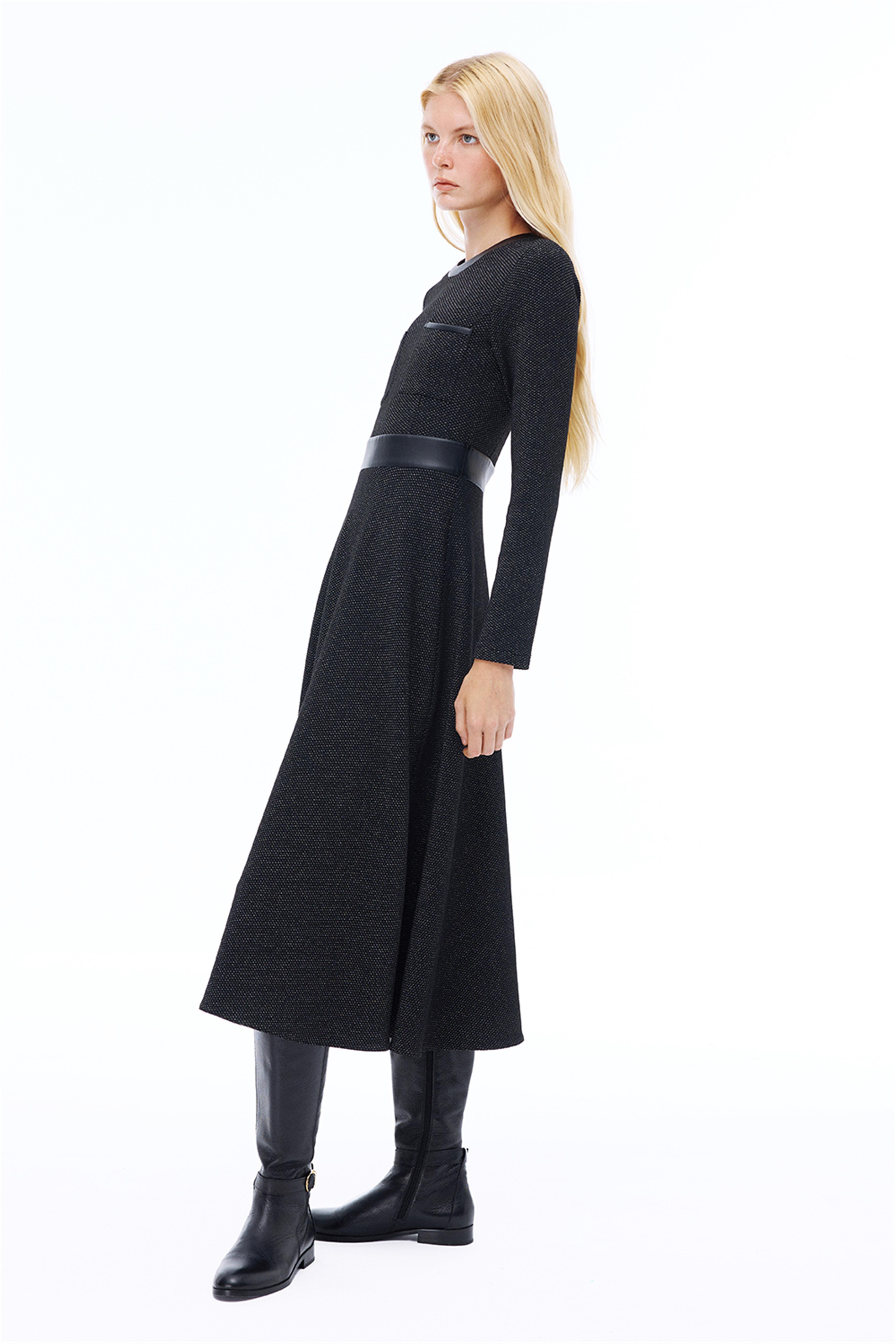 Anderas Regular Fit Midi Boy Takma Kol Bisiklet Yaka Siyah Elbise