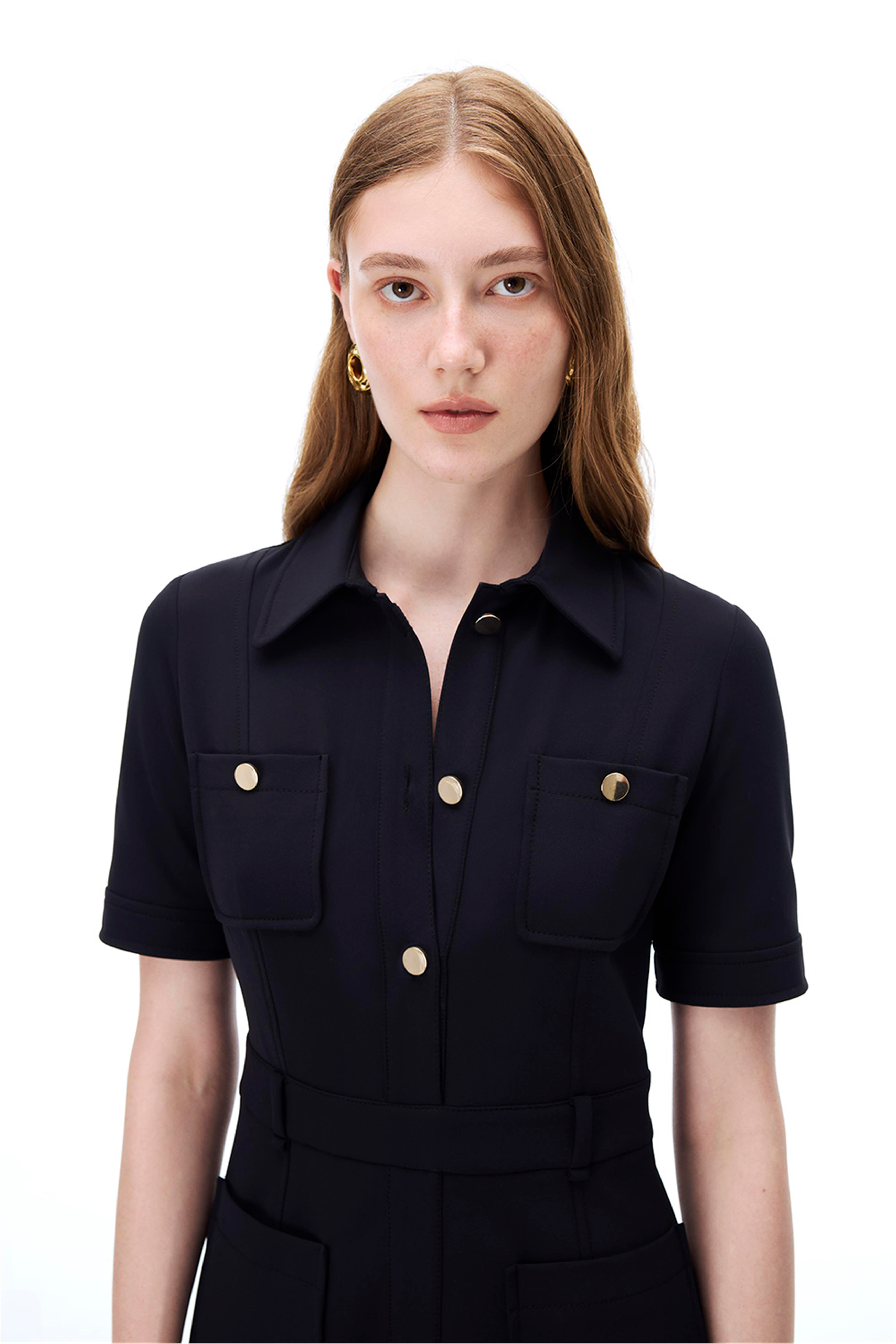 Animas Slim Fit Takma Kol Gömlek Yaka Siyah Renk Elbise